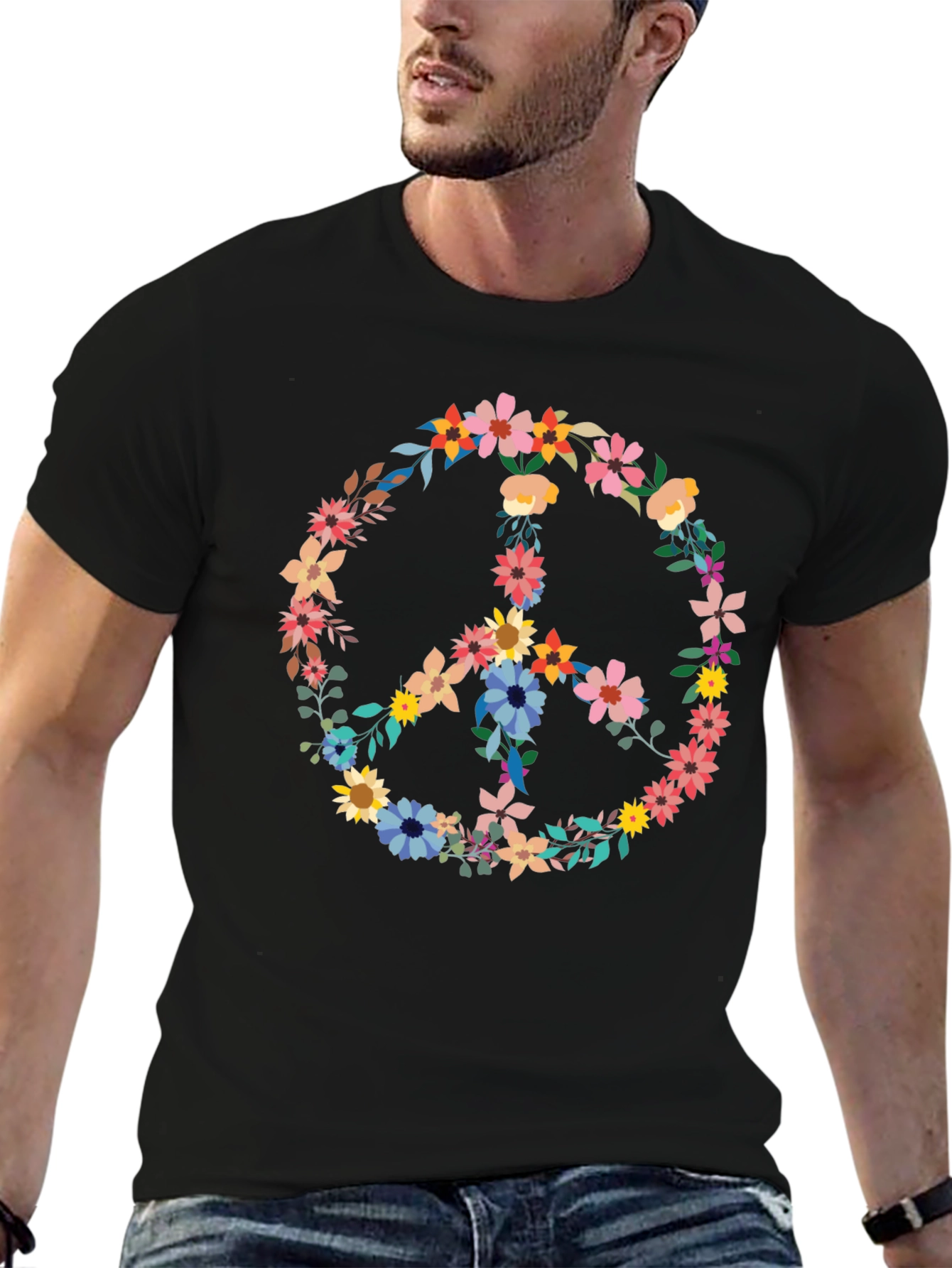 Floral Peace Sign Graphic Tee - Black