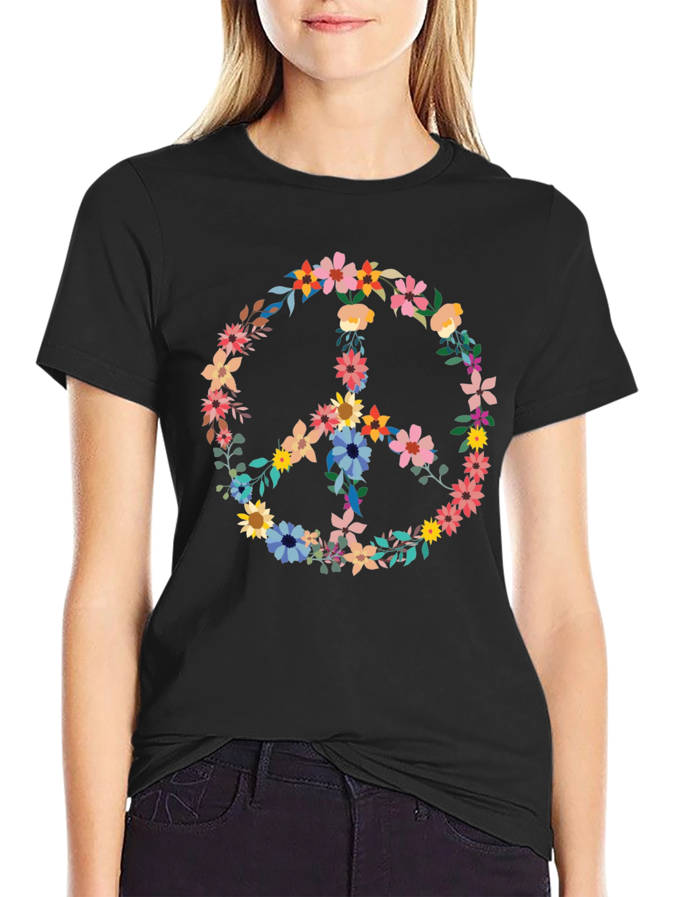 Floral Peace Sign Graphic Tee - Black