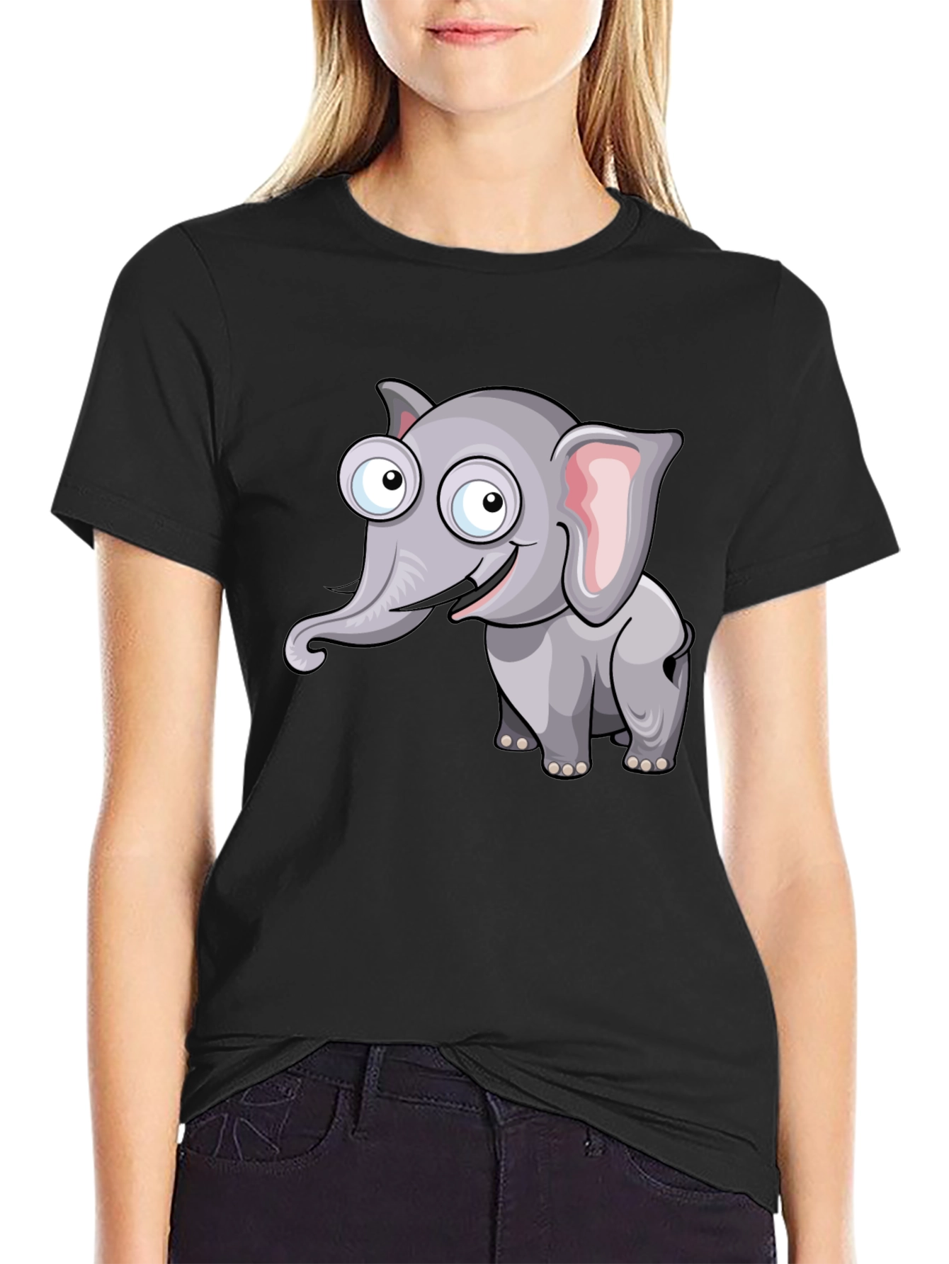 Cartoon Elephant Graphic Black T-Shirt