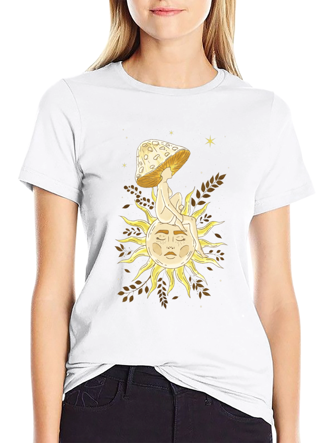Celestial Mushroom Sun Graphic Tee - Black Cotton T-Shirt