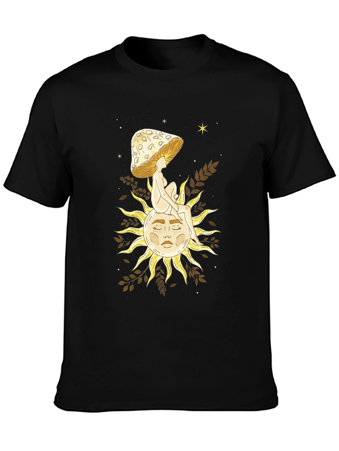 Celestial Mushroom Sun Graphic Tee - Black Cotton T-Shirt