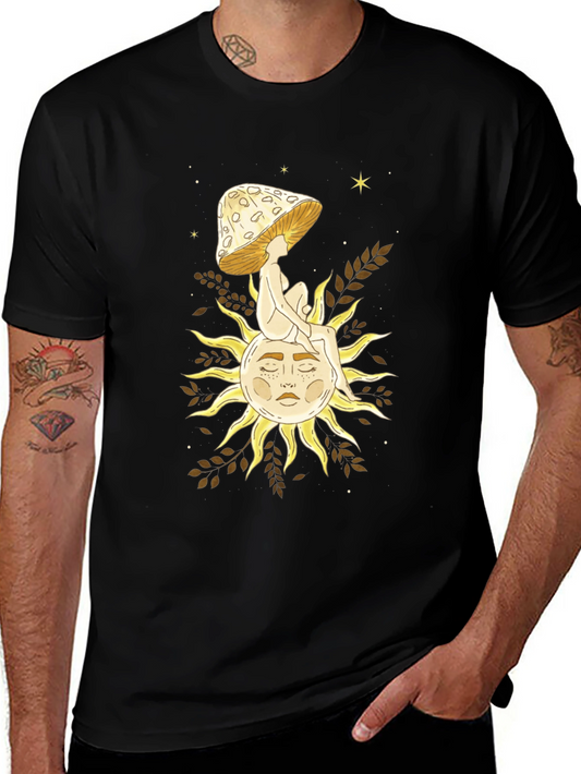 Celestial Mushroom Sun Graphic Tee - Black Cotton T-Shirt