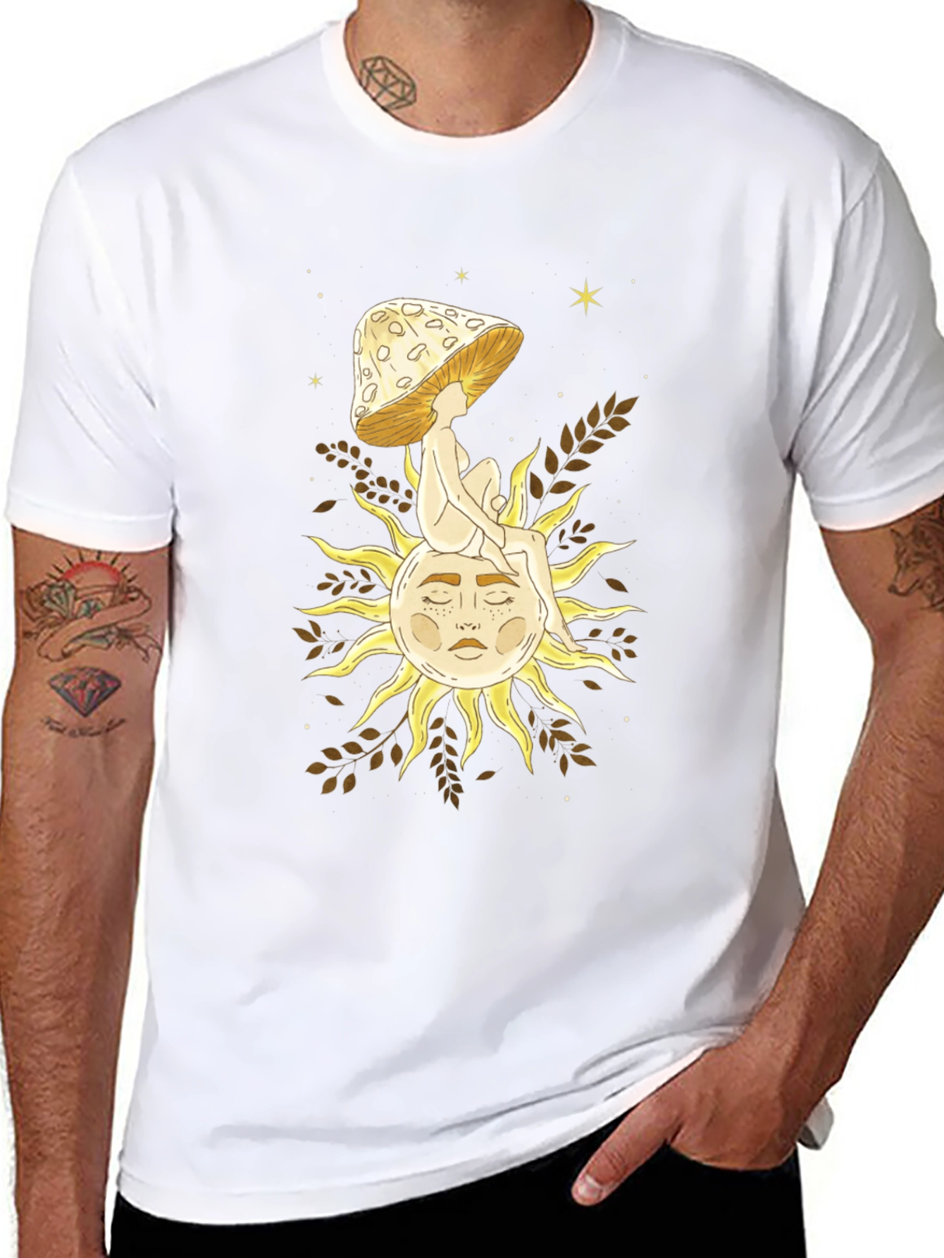Celestial Mushroom Sun Graphic Tee - Black Cotton T-Shirt