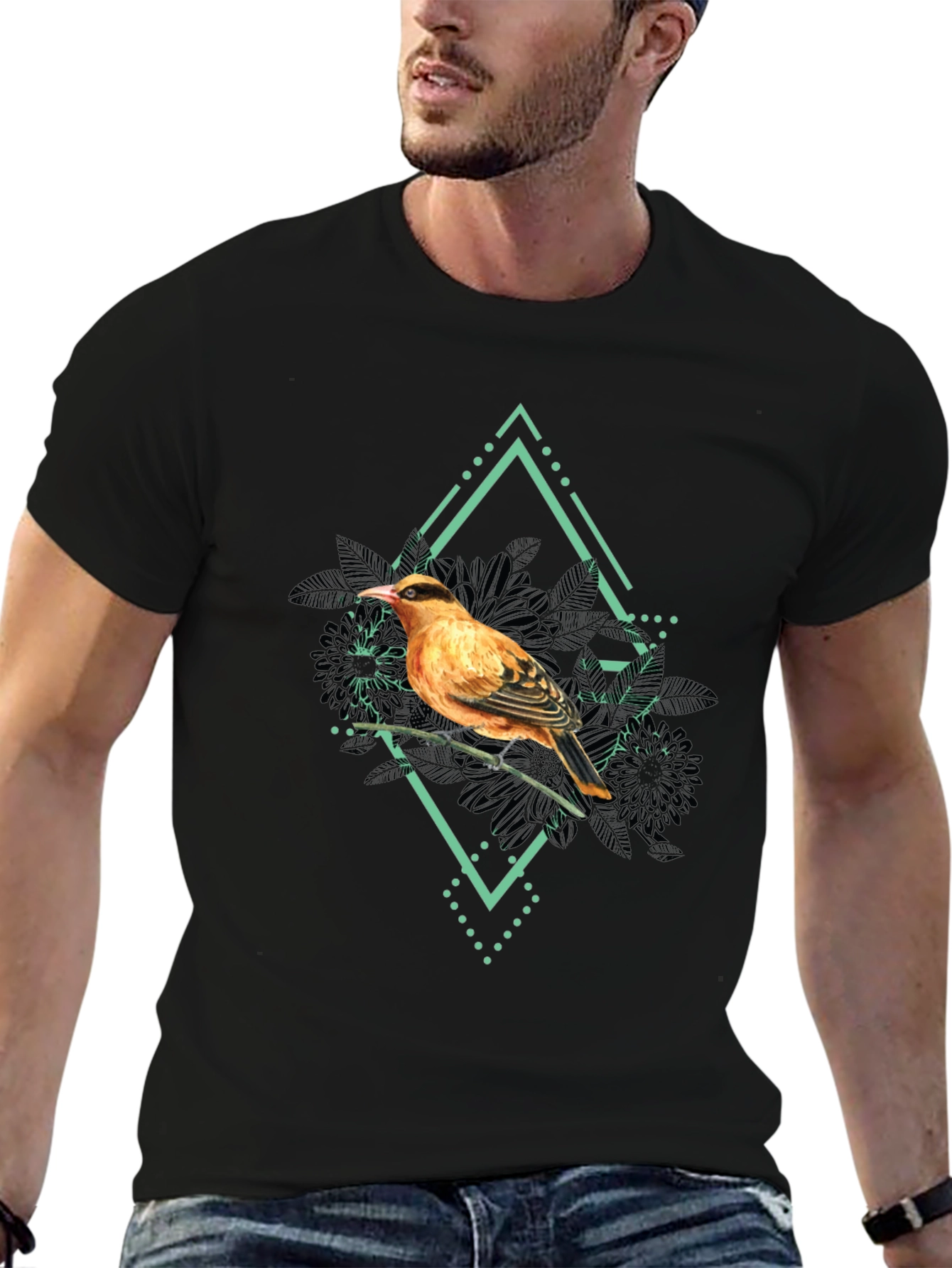 Bird Graphic Print Mens Black T-Shirt