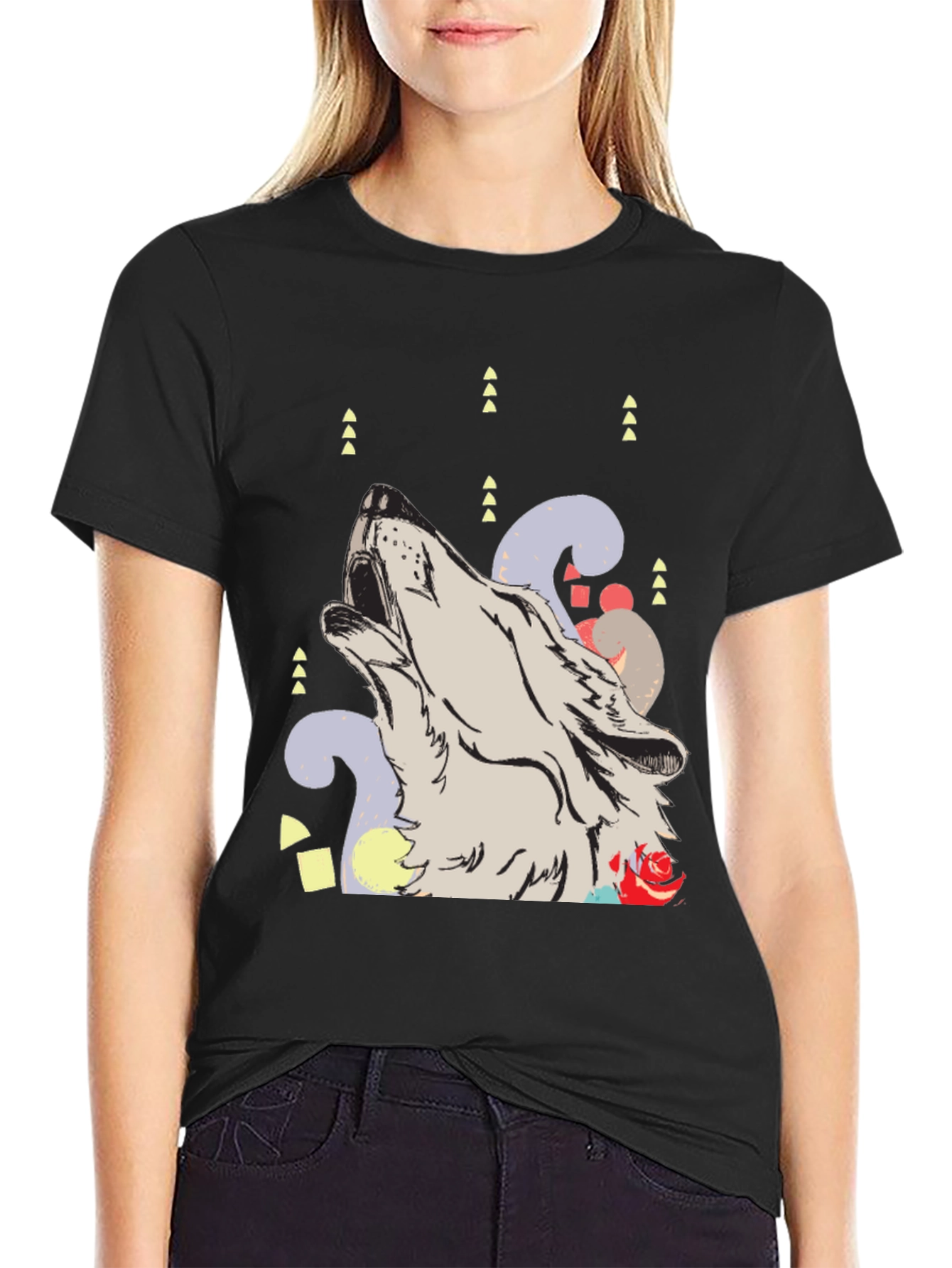 Wolf Howl Graphic Print Black T-Shirt