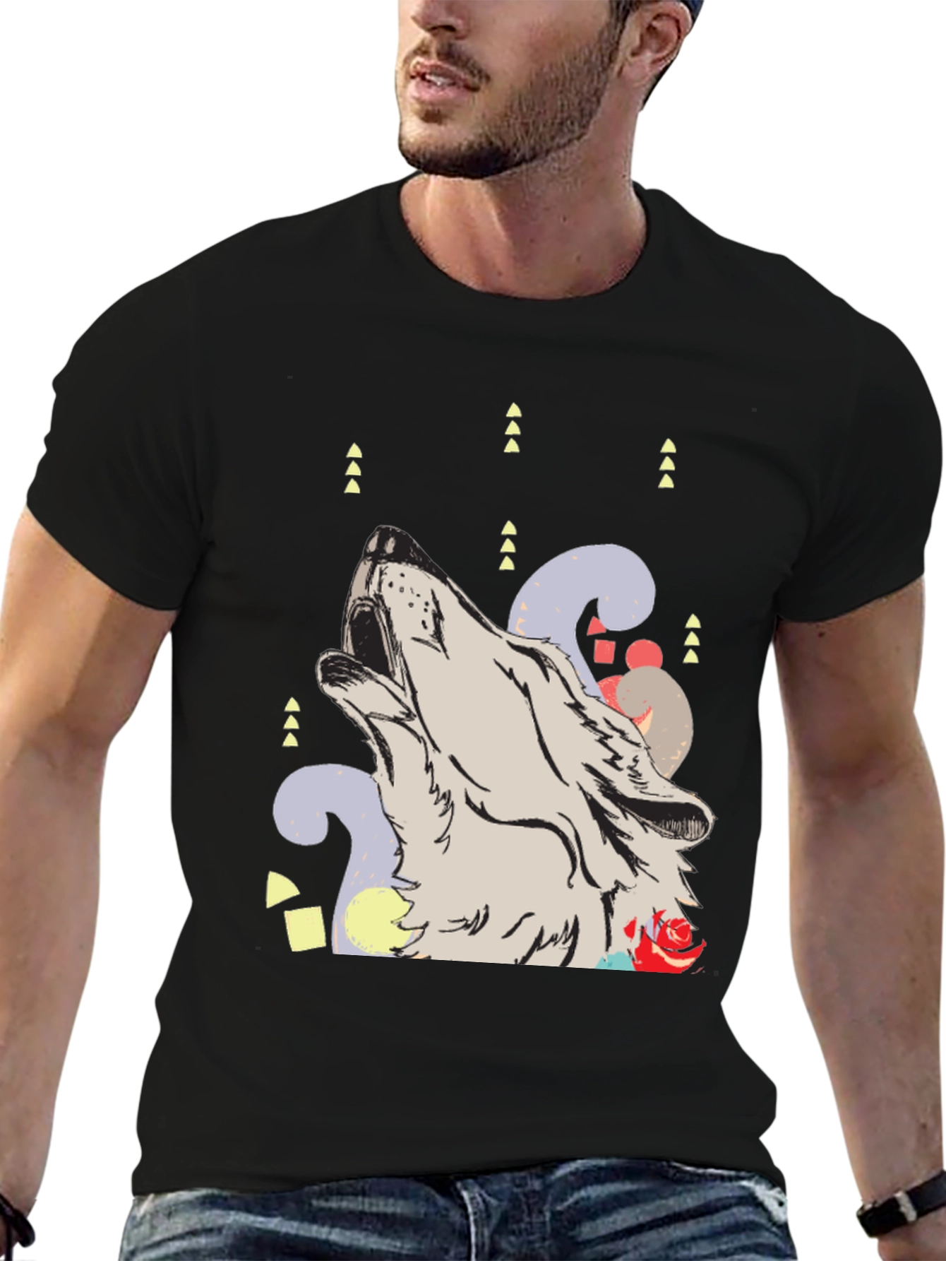 Wolf Howl Graphic Print Black T-Shirt