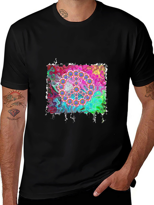 Psychedelic Floral Circle Graphic Black T-Shirt