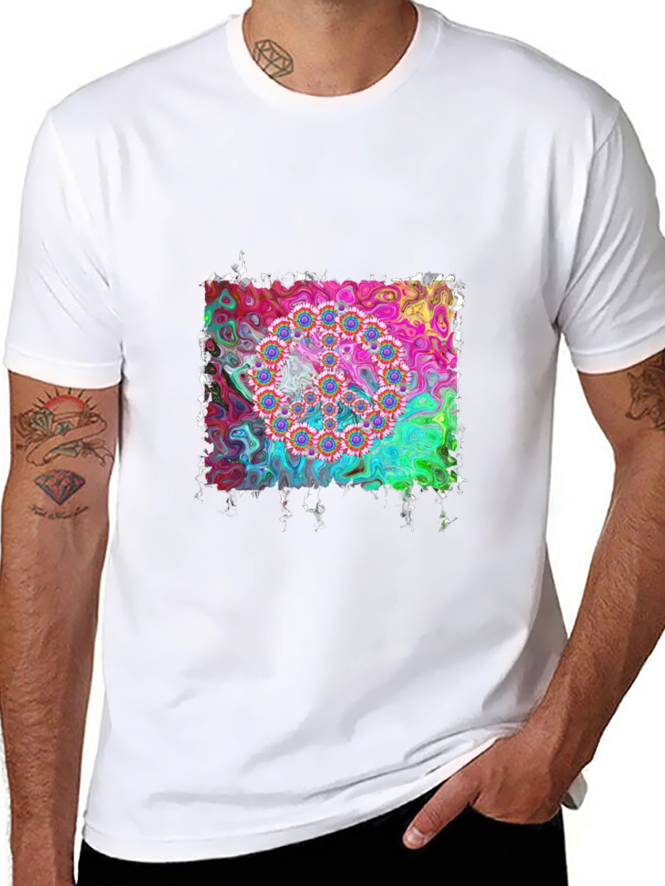 Psychedelic Floral Circle Graphic Black T-Shirt