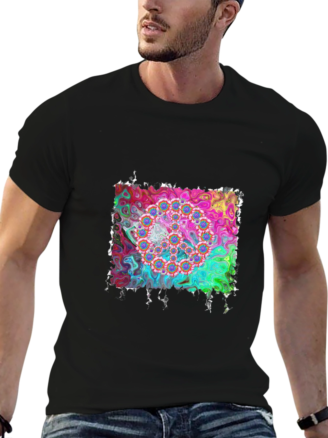 Psychedelic Floral Circle Graphic Black T-Shirt