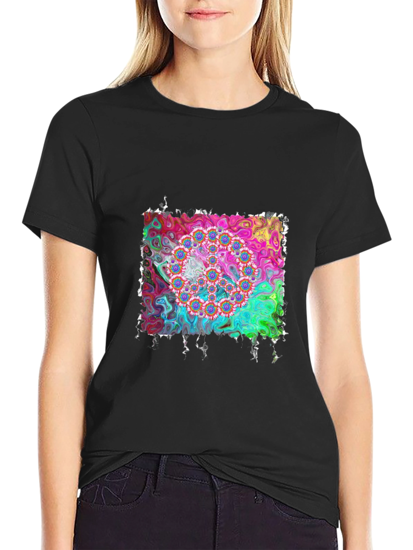 Psychedelic Floral Circle Graphic Black T-Shirt