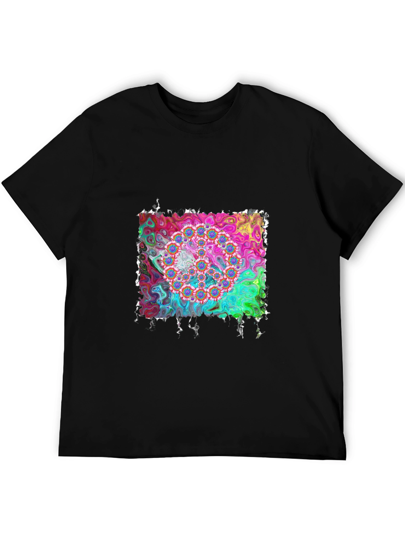 Psychedelic Floral Circle Graphic Black T-Shirt