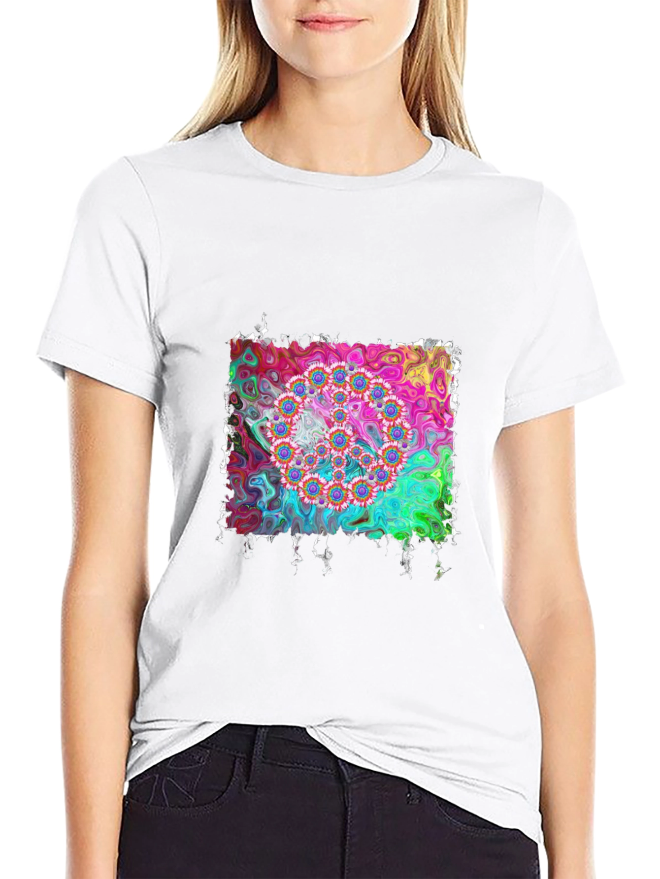 Psychedelic Floral Circle Graphic Black T-Shirt