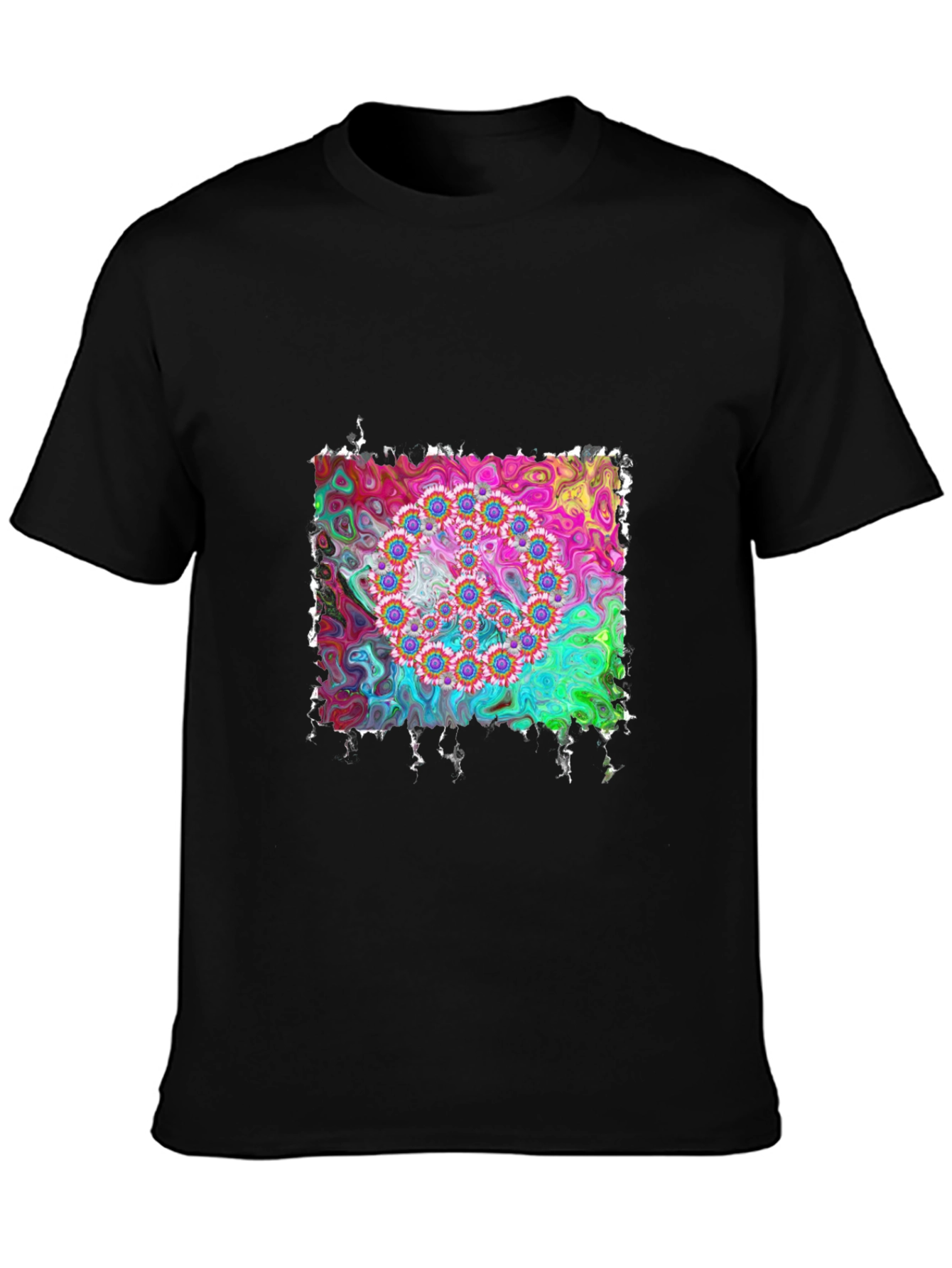 Psychedelic Floral Circle Graphic Black T-Shirt