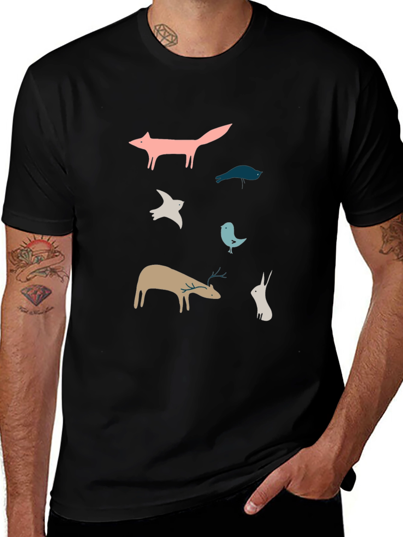 Whimsical Animal Print Black T-Shirt