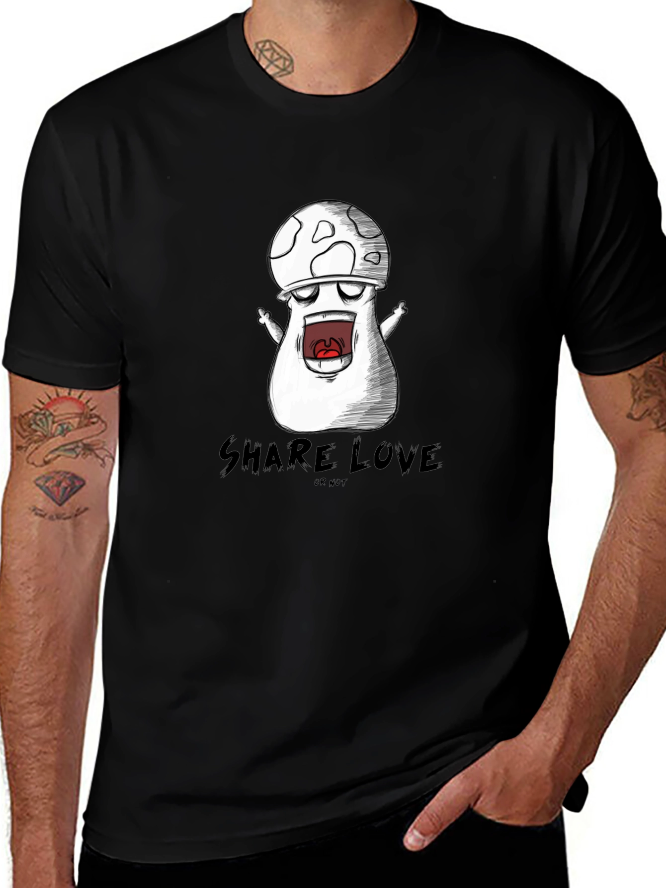 Mushroom Cartoon Graphic Black T-Shirt