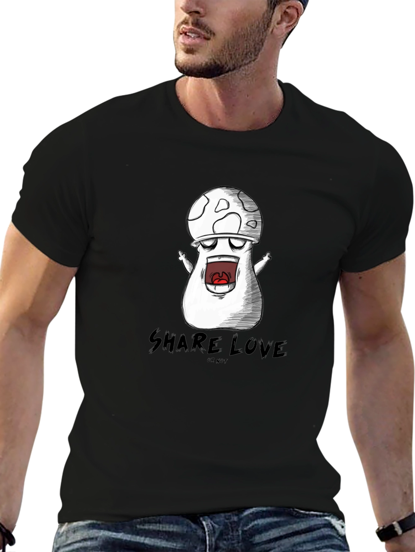 Mushroom Cartoon Graphic Black T-Shirt
