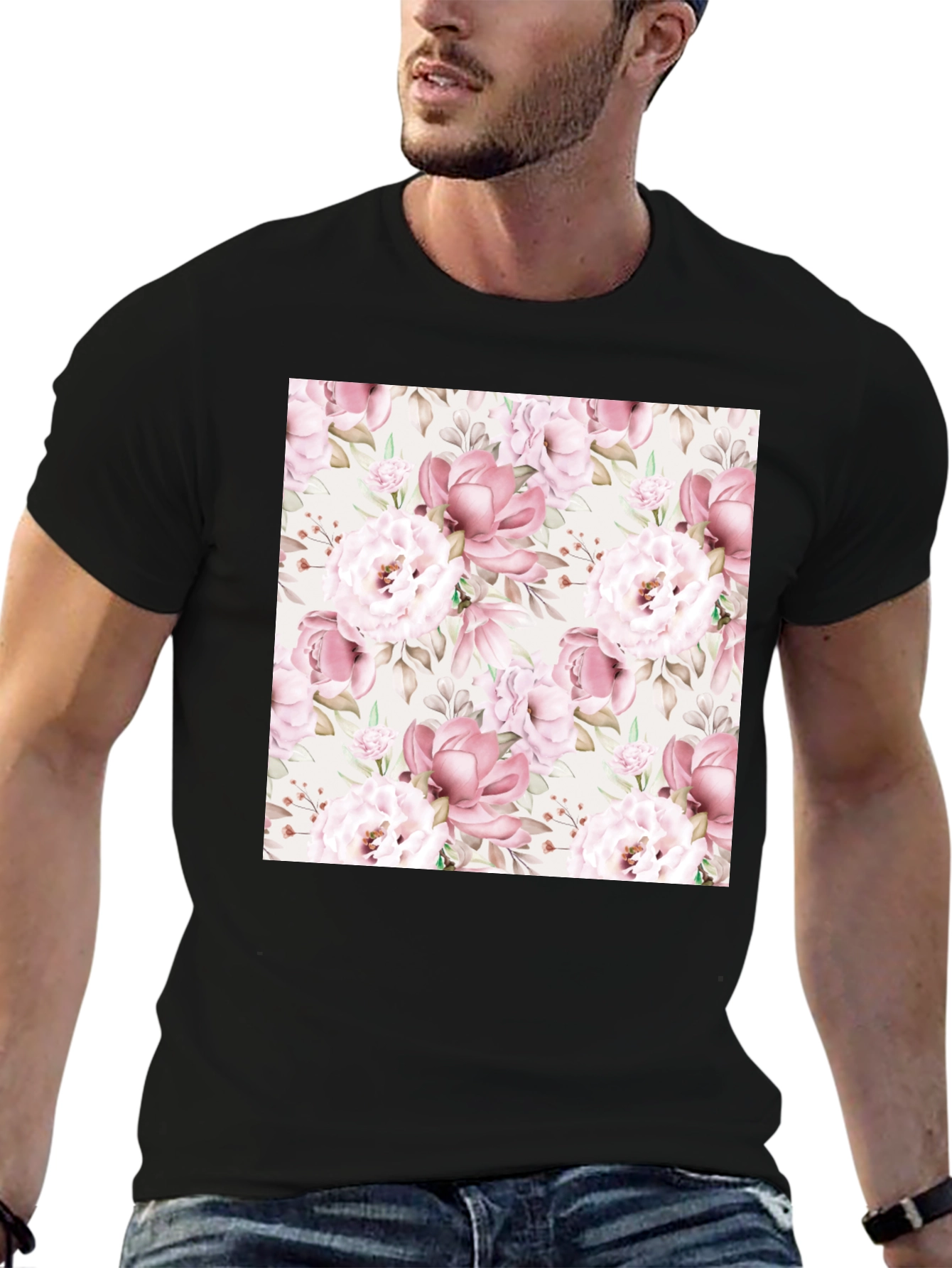Floral Pattern Black T-Shirt for Men