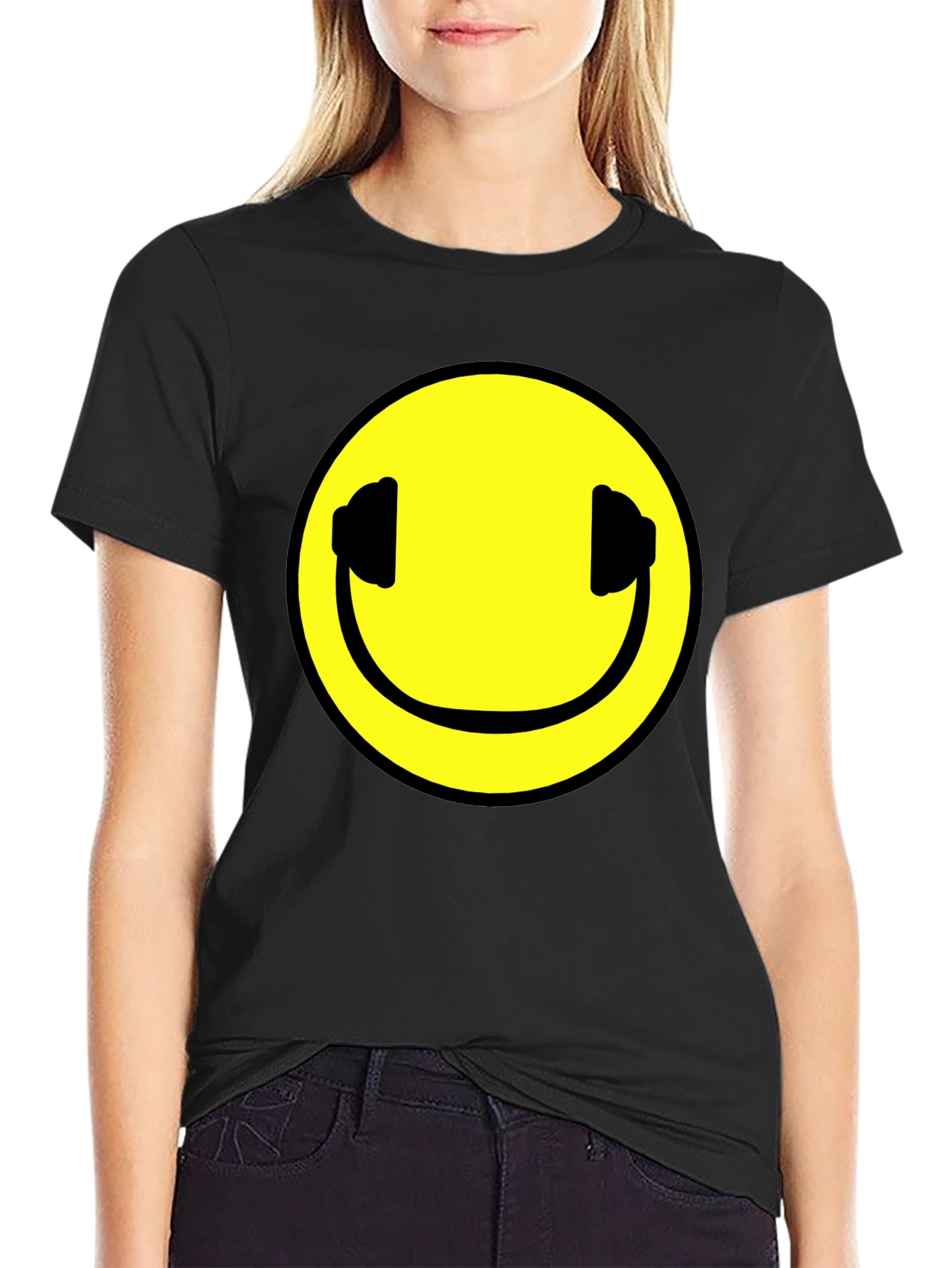Smiley Face Headphones Black T-Shirt