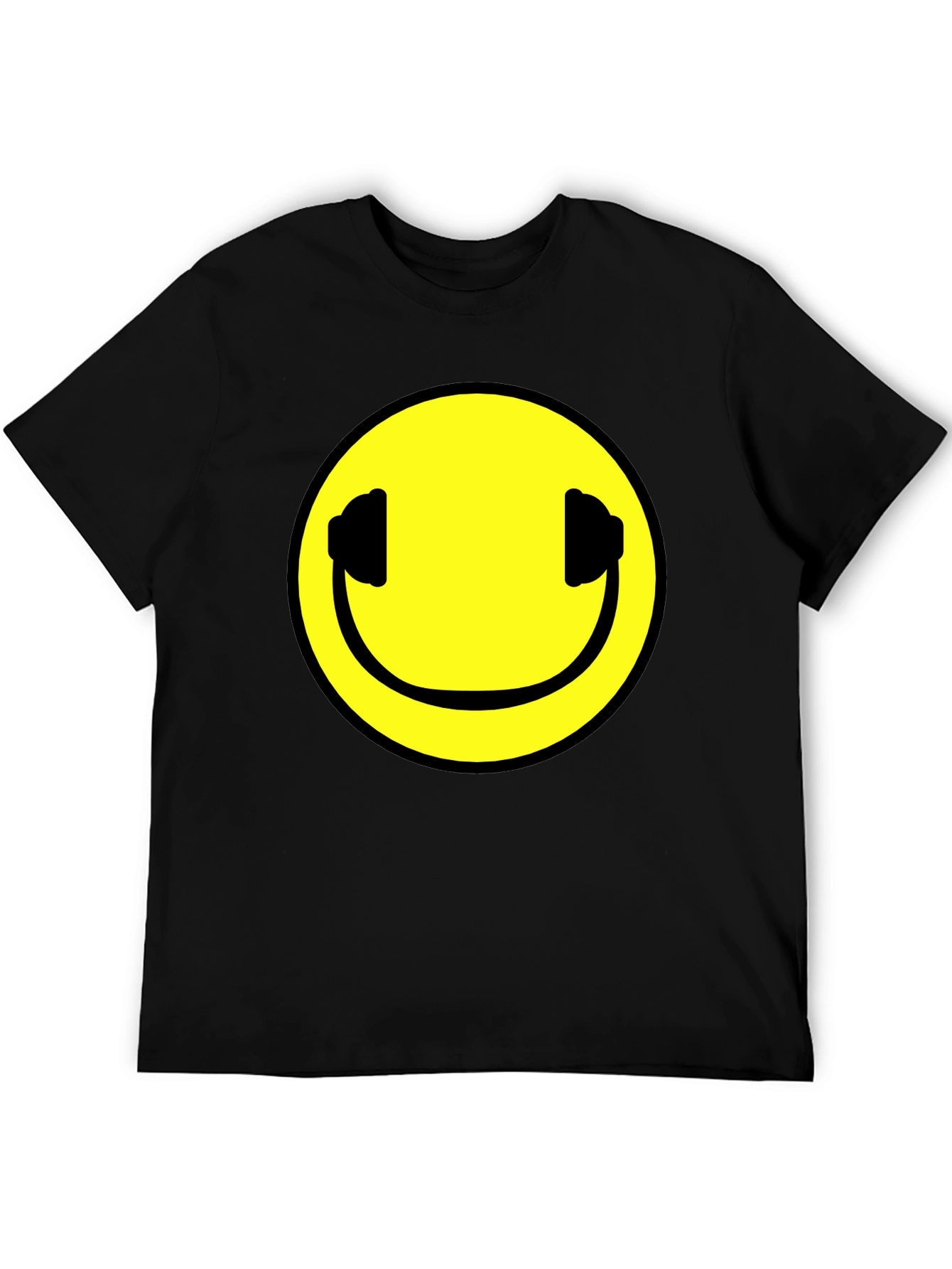 Smiley Face Headphones Black T-Shirt