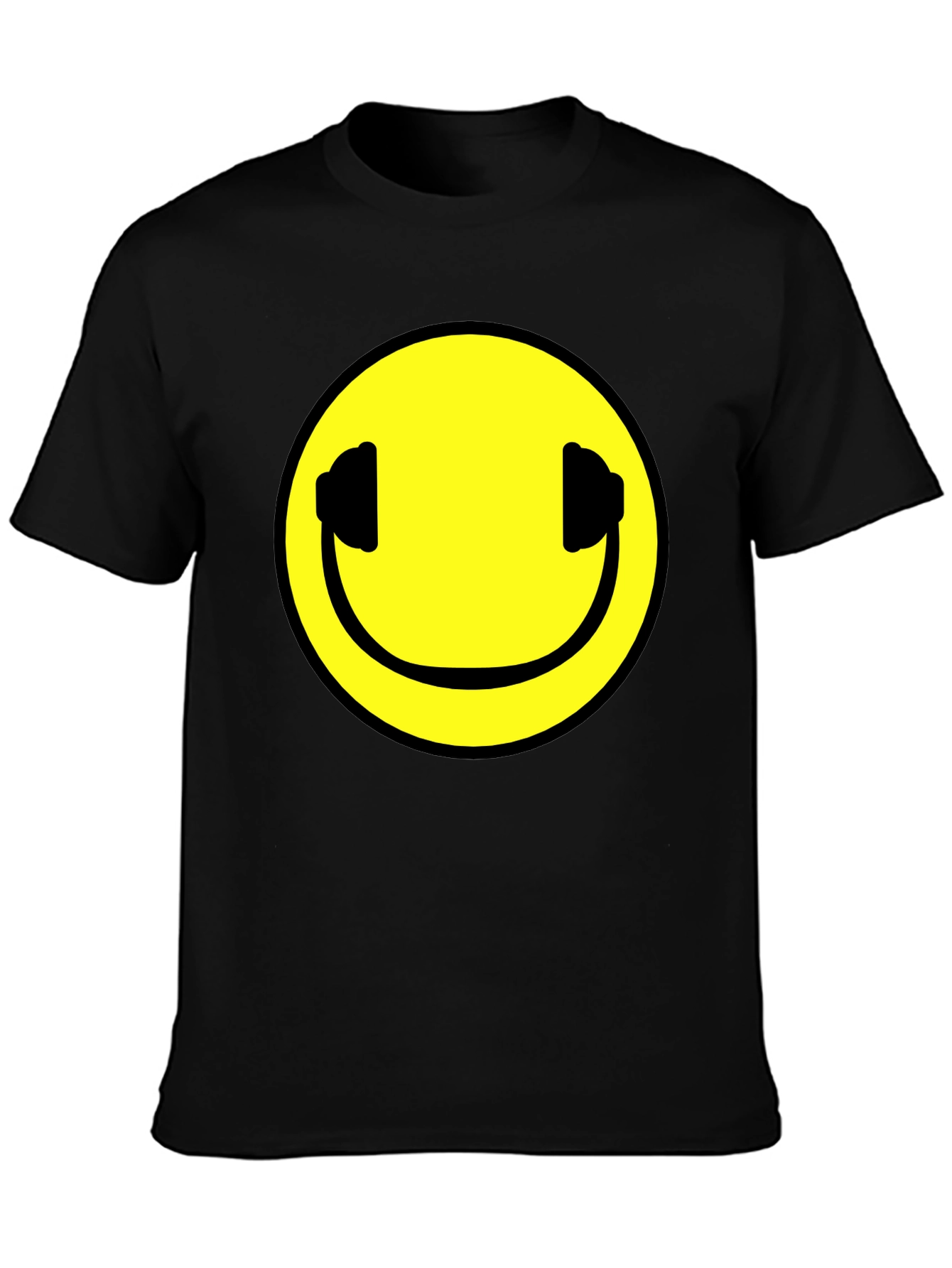 Smiley Face Headphones Black T-Shirt
