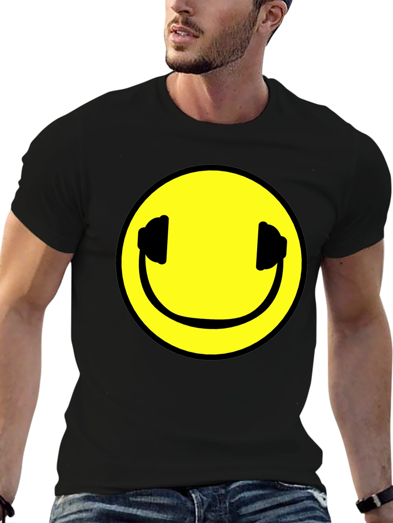 Smiley Face Headphones Black T-Shirt
