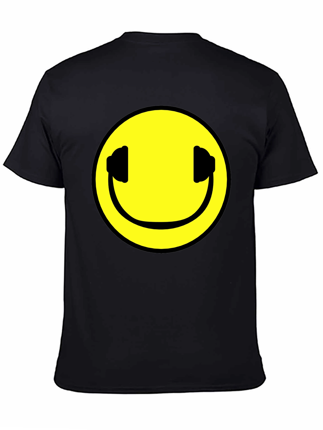 Smiley Face Headphones Black T-Shirt