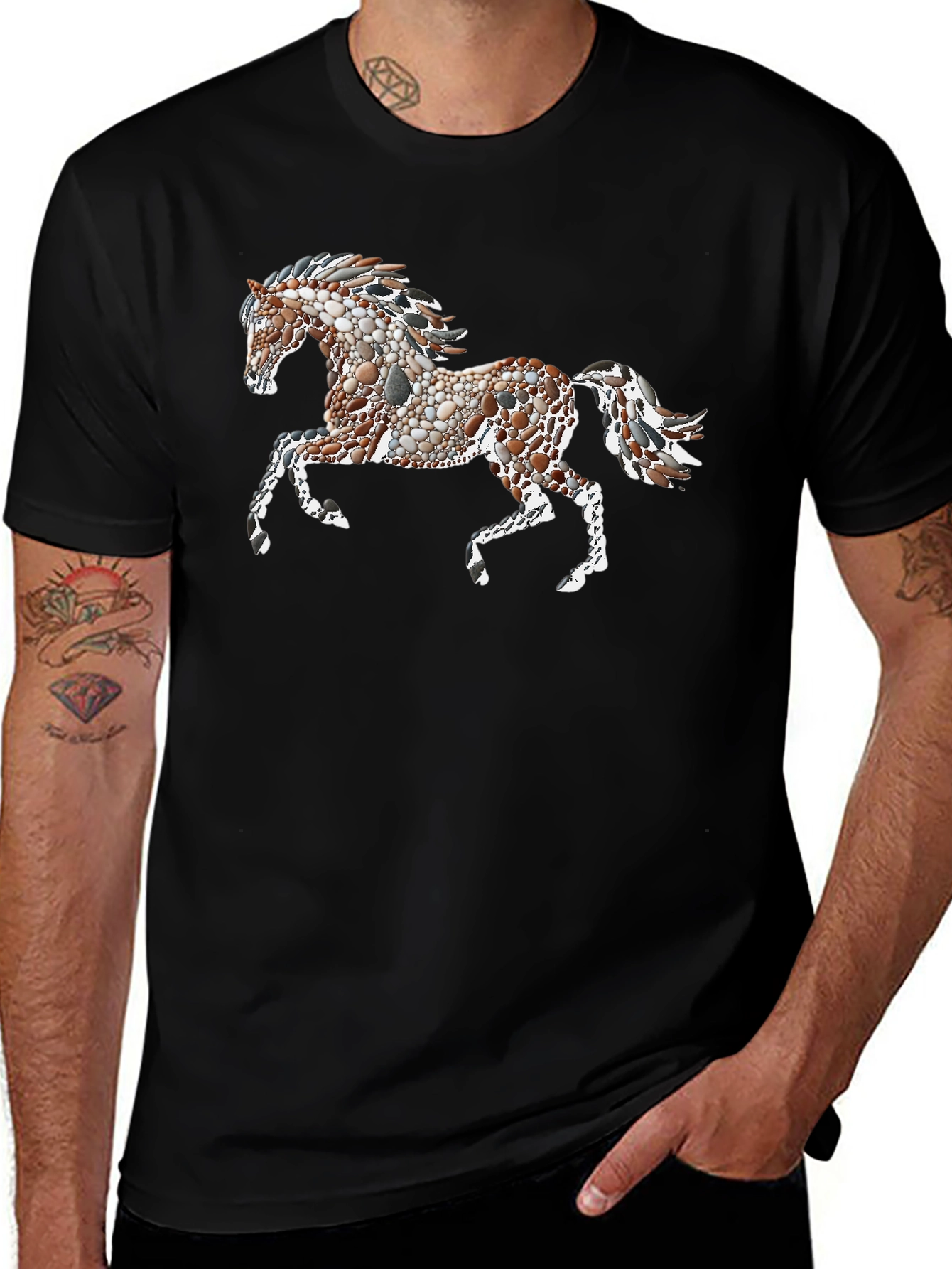 Black Tee with Artistic Pebble Horse Design