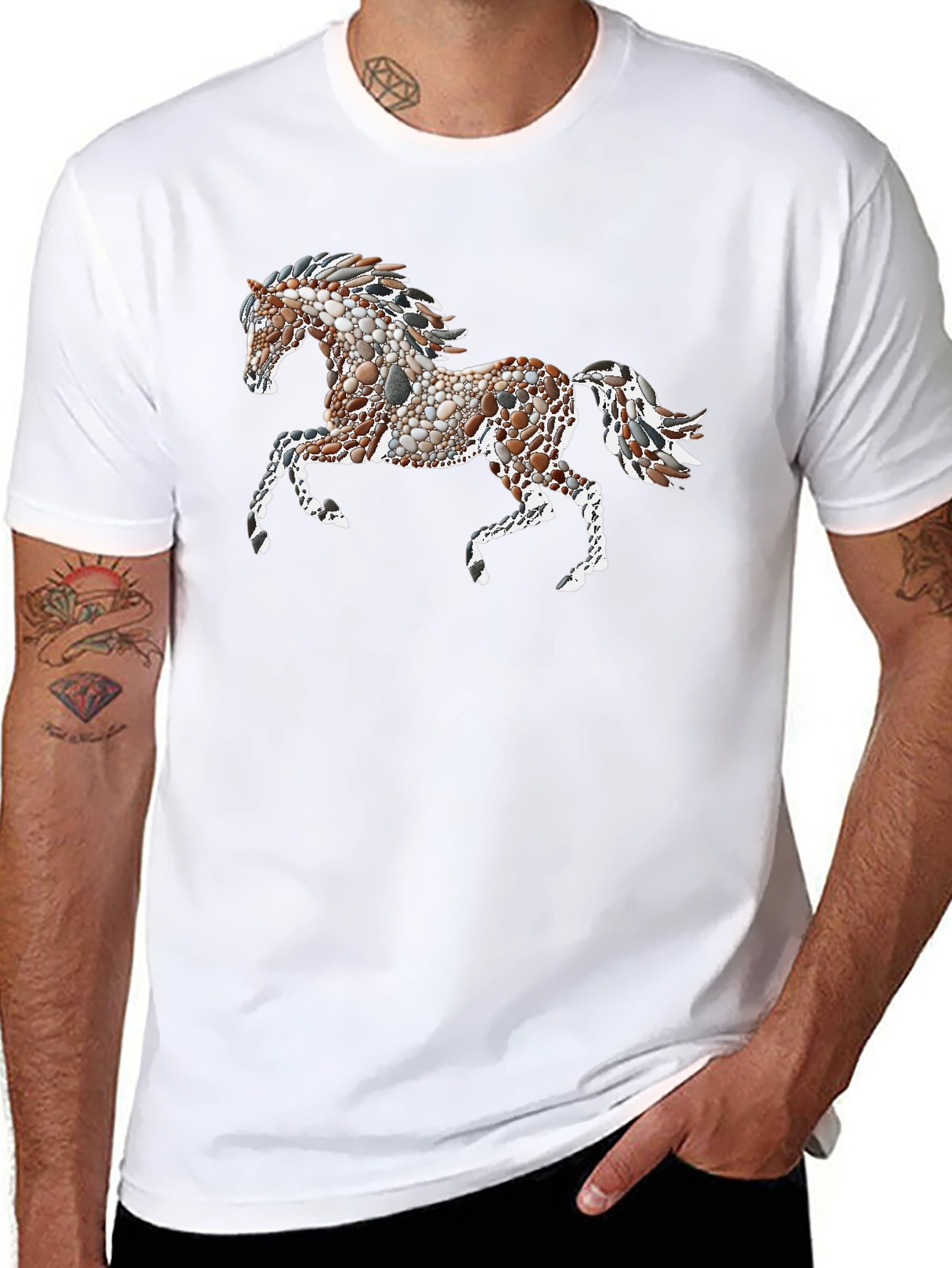 Black Tee with Artistic Pebble Horse Design