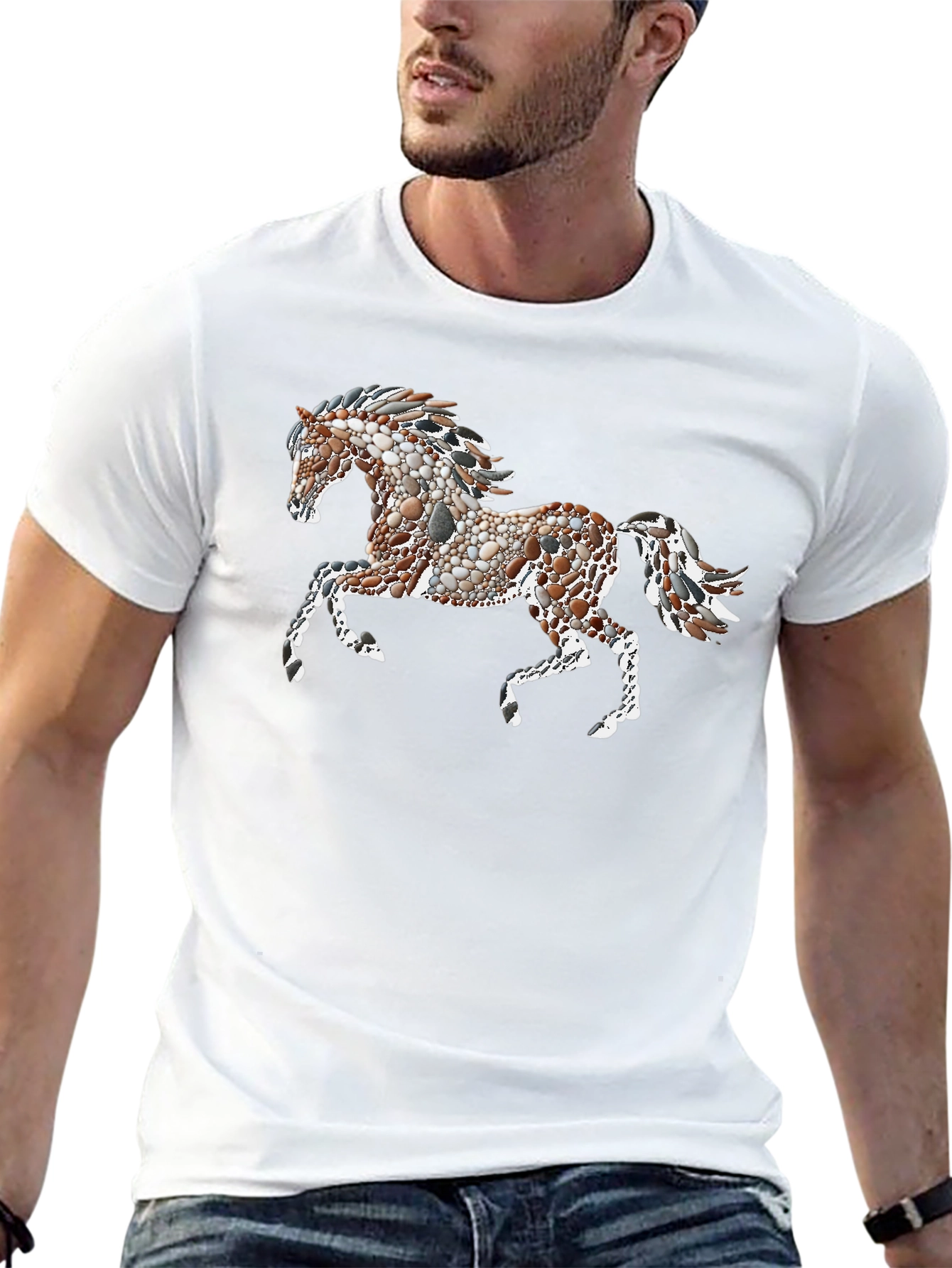 Black Tee with Artistic Pebble Horse Design