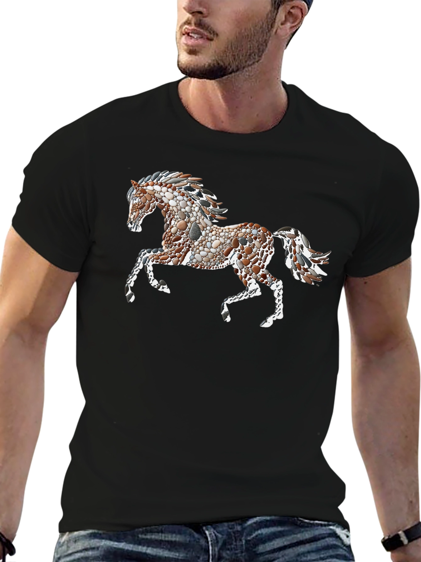 Black Tee with Artistic Pebble Horse Design