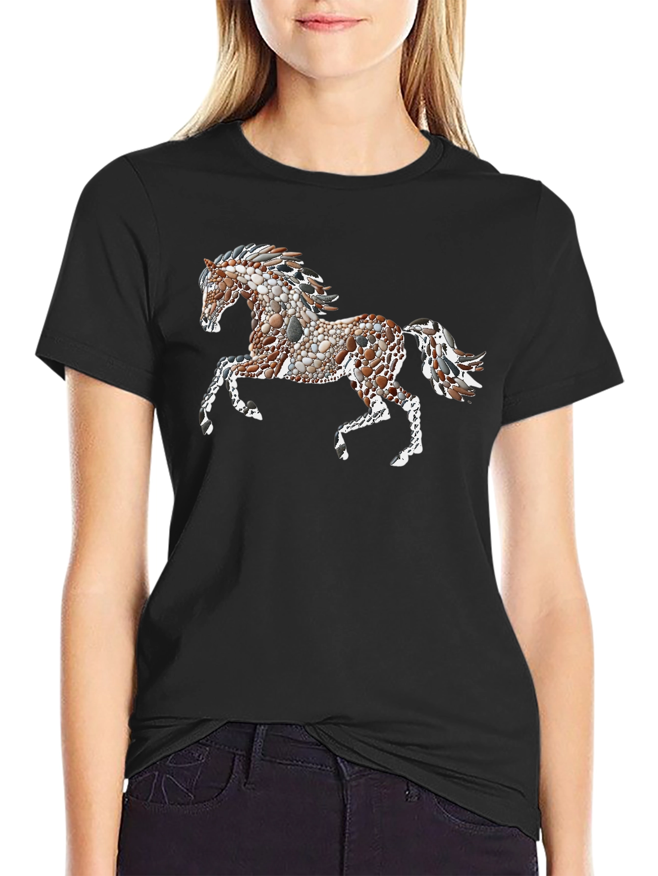 Black Tee with Artistic Pebble Horse Design