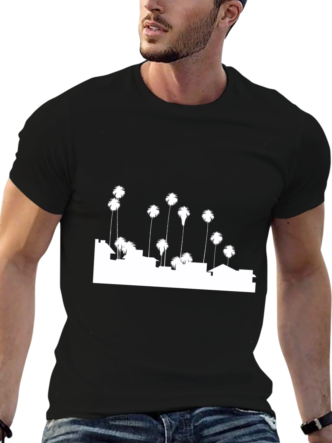 Cityscape Palm Tree Graphic Tee - Black