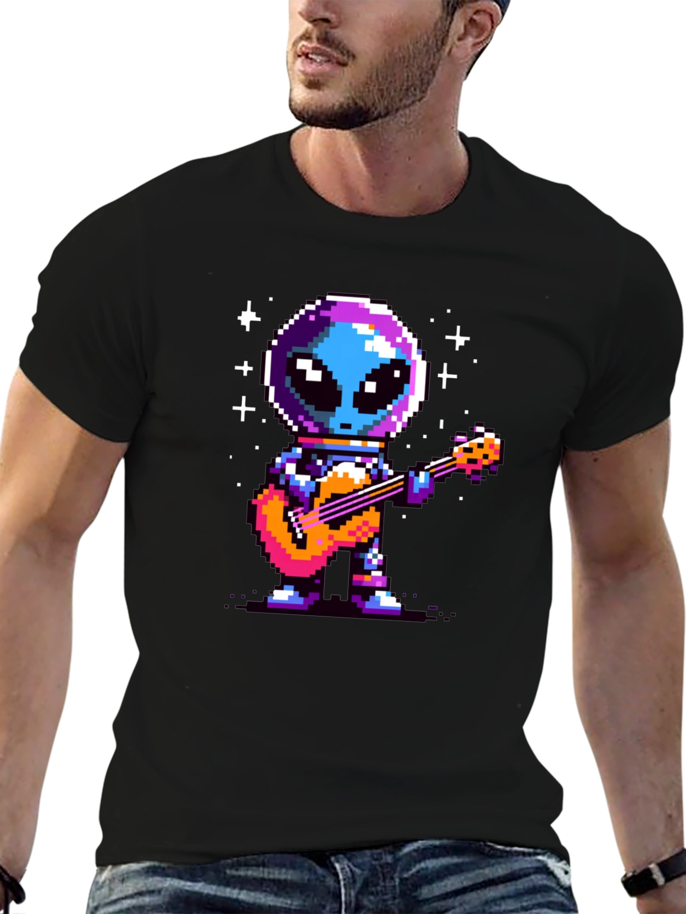 Pixel Alien Guitarist Black T-Shirt