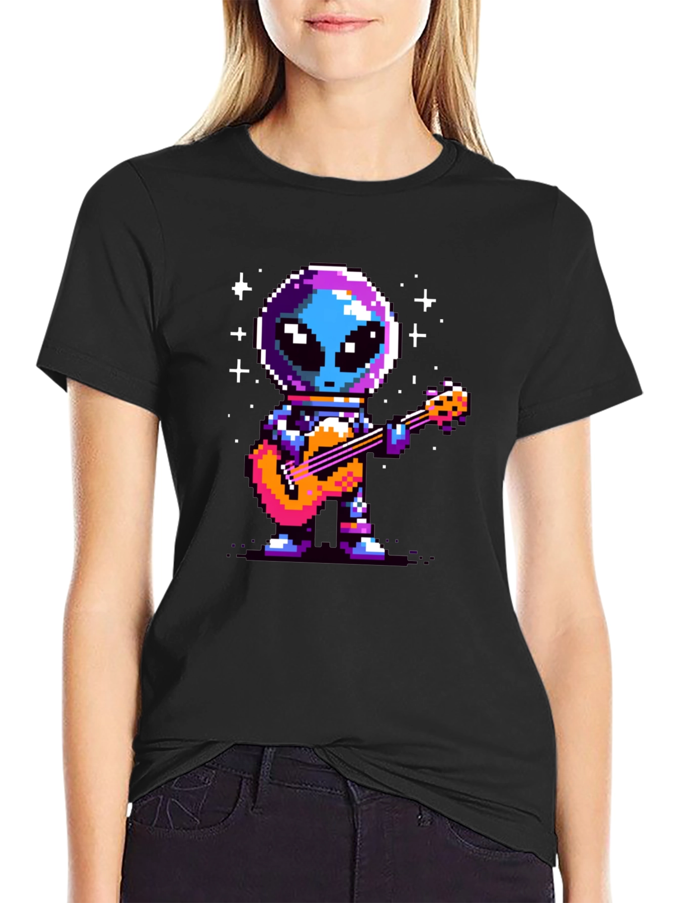 Pixel Alien Guitarist Black T-Shirt