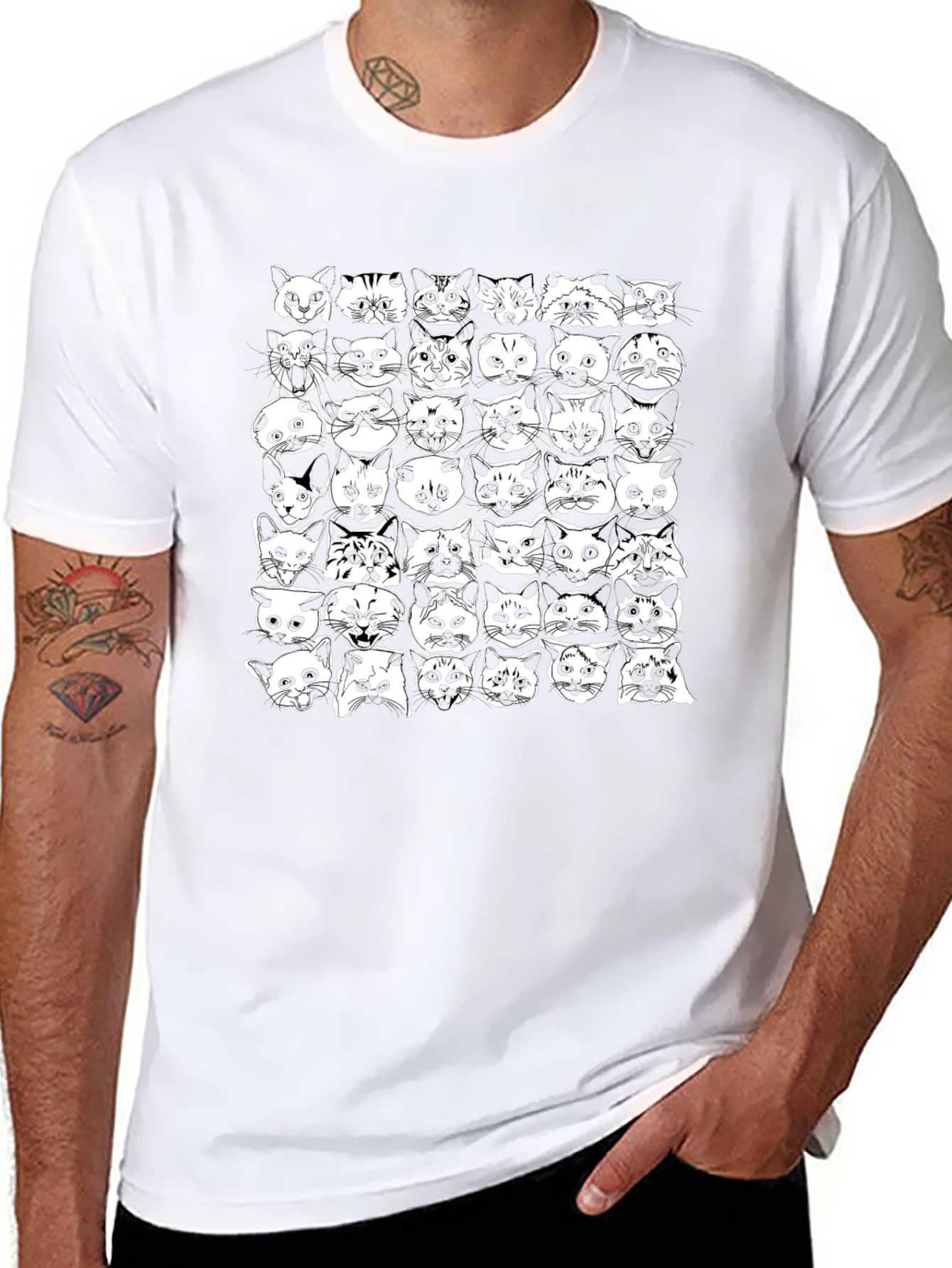 Cat Faces Pattern Black T-Shirt