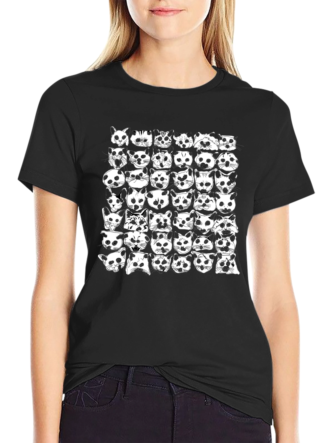 Cat Faces Pattern Black T-Shirt