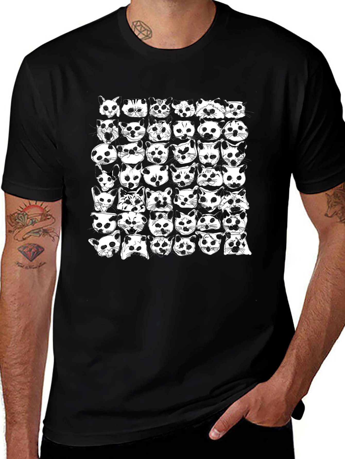 Cat Faces Pattern Black T-Shirt