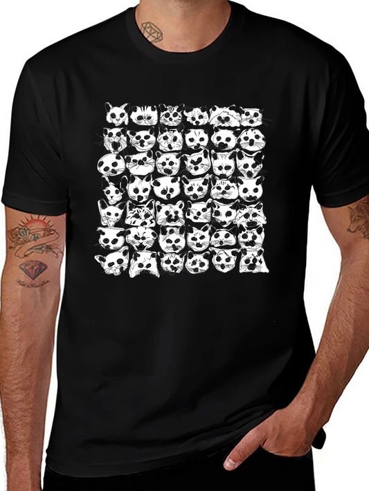 Cat Faces Pattern Black T-Shirt