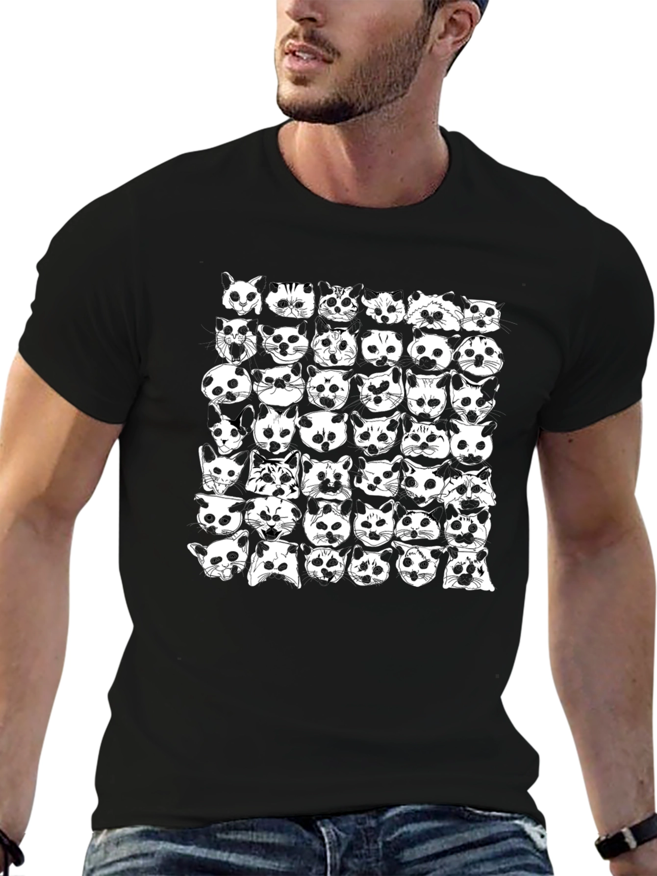 Cat Faces Pattern Black T-Shirt