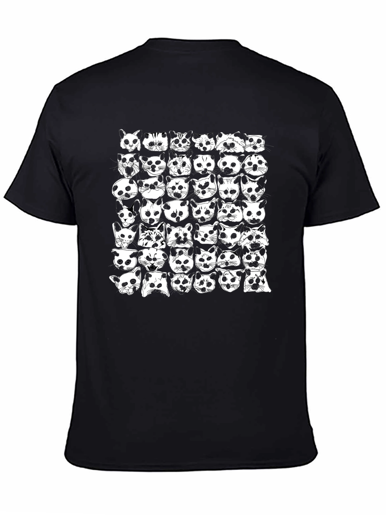 Cat Faces Pattern Black T-Shirt