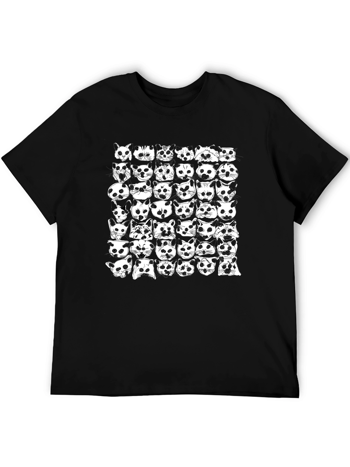 Cat Faces Pattern Black T-Shirt