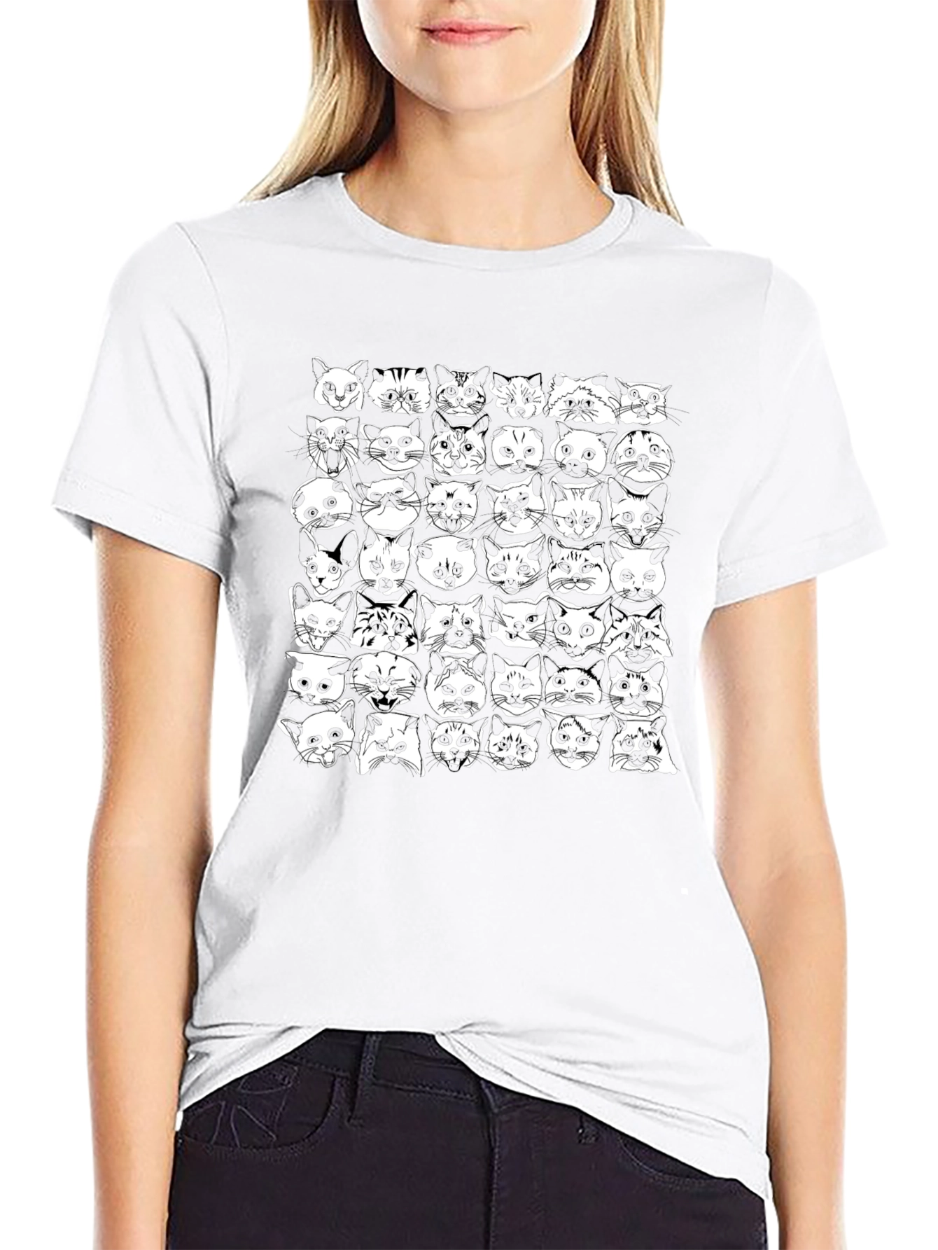Cat Faces Pattern Black T-Shirt