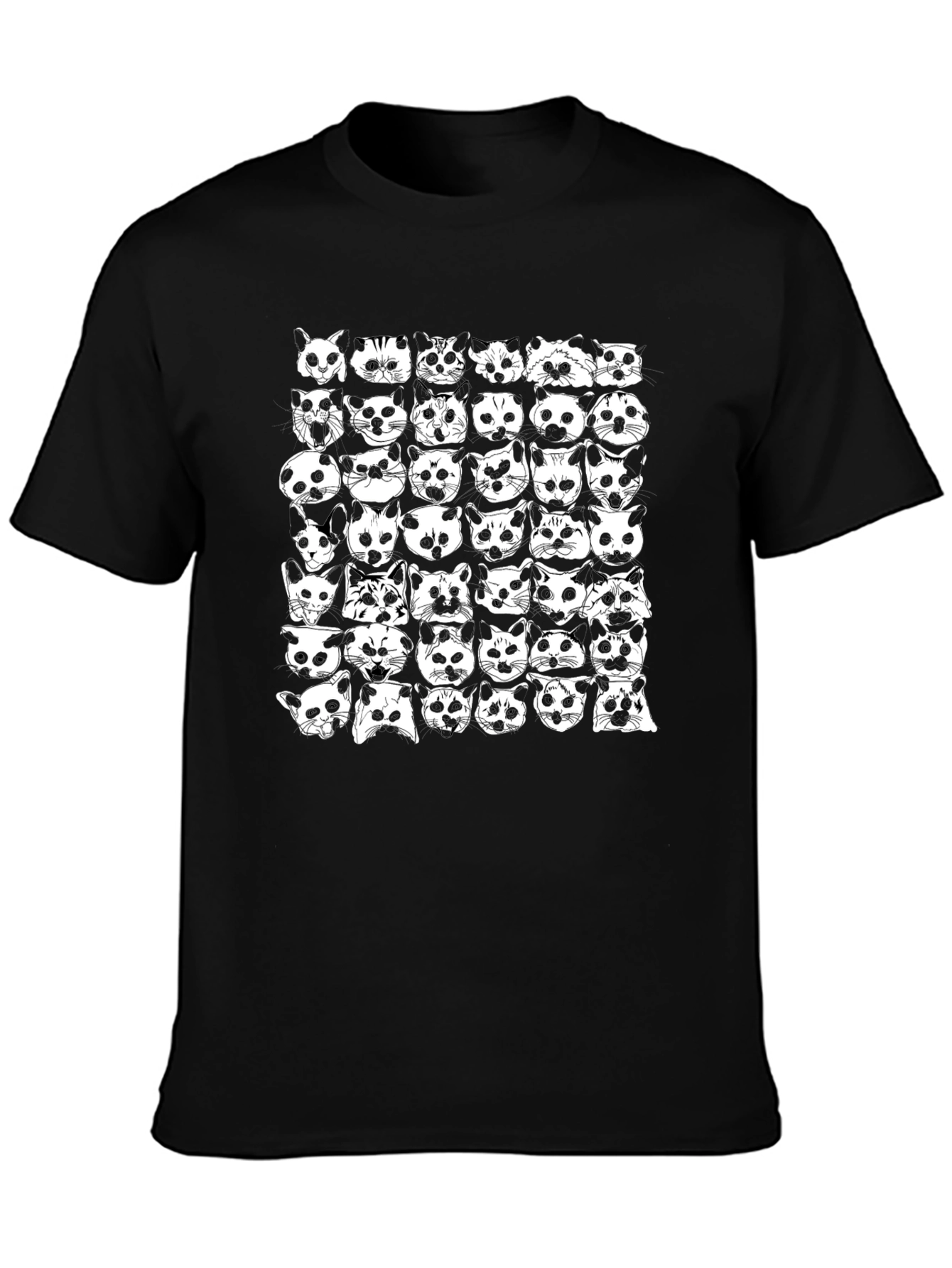 Cat Faces Pattern Black T-Shirt