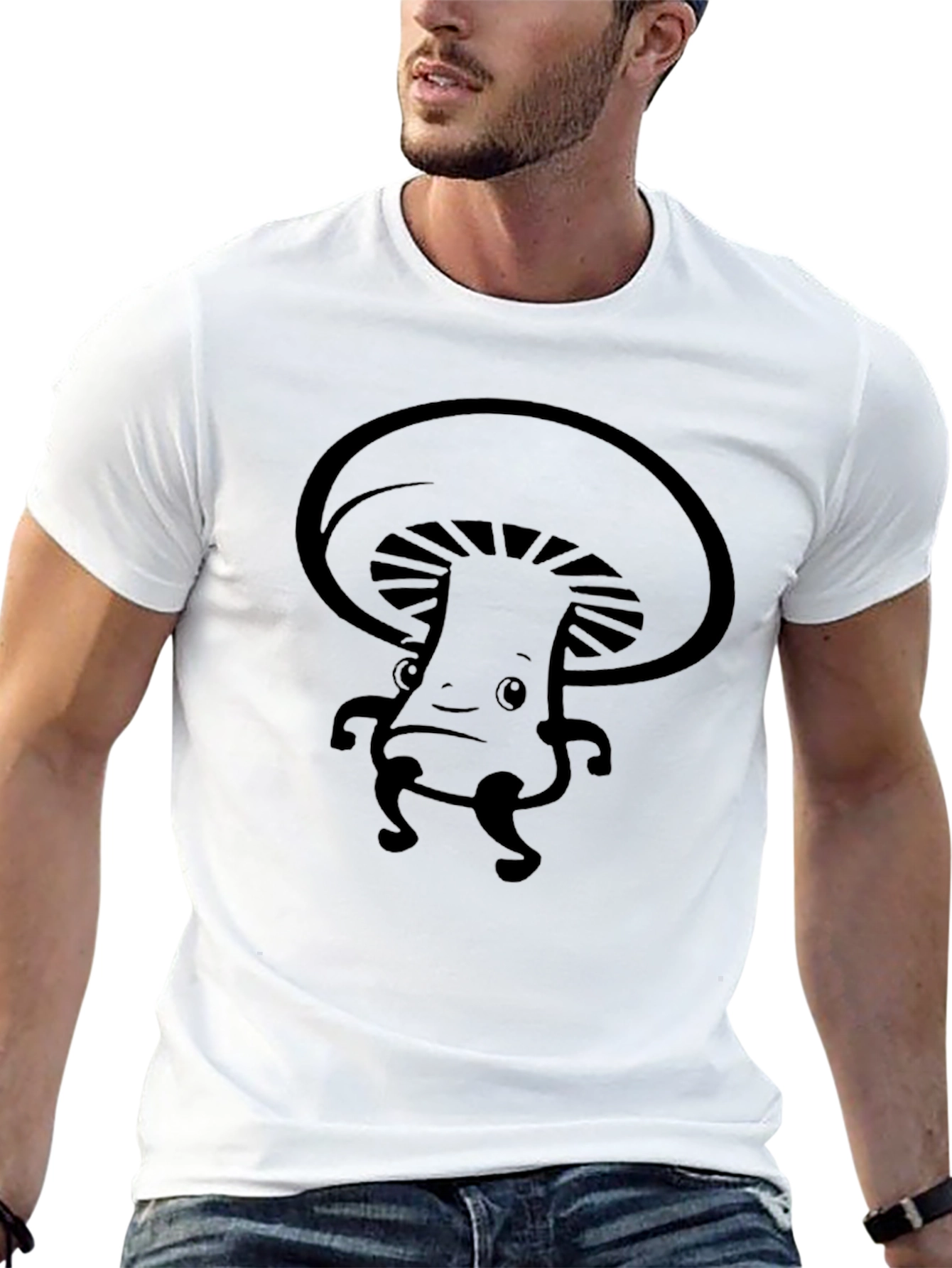 Mushroom Character Graphic Tee - Black Cotton Blend Shirt