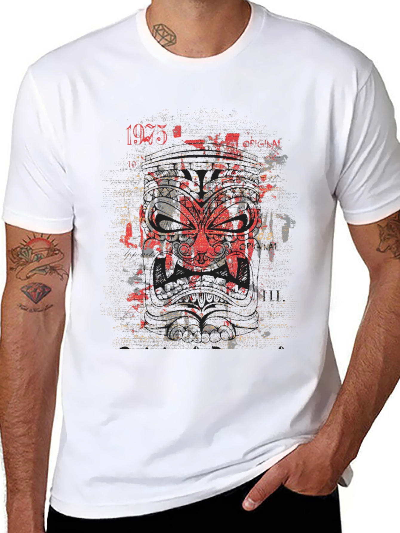 Graphic Tee: Red Tribal Mask Black Cotton Shirt
