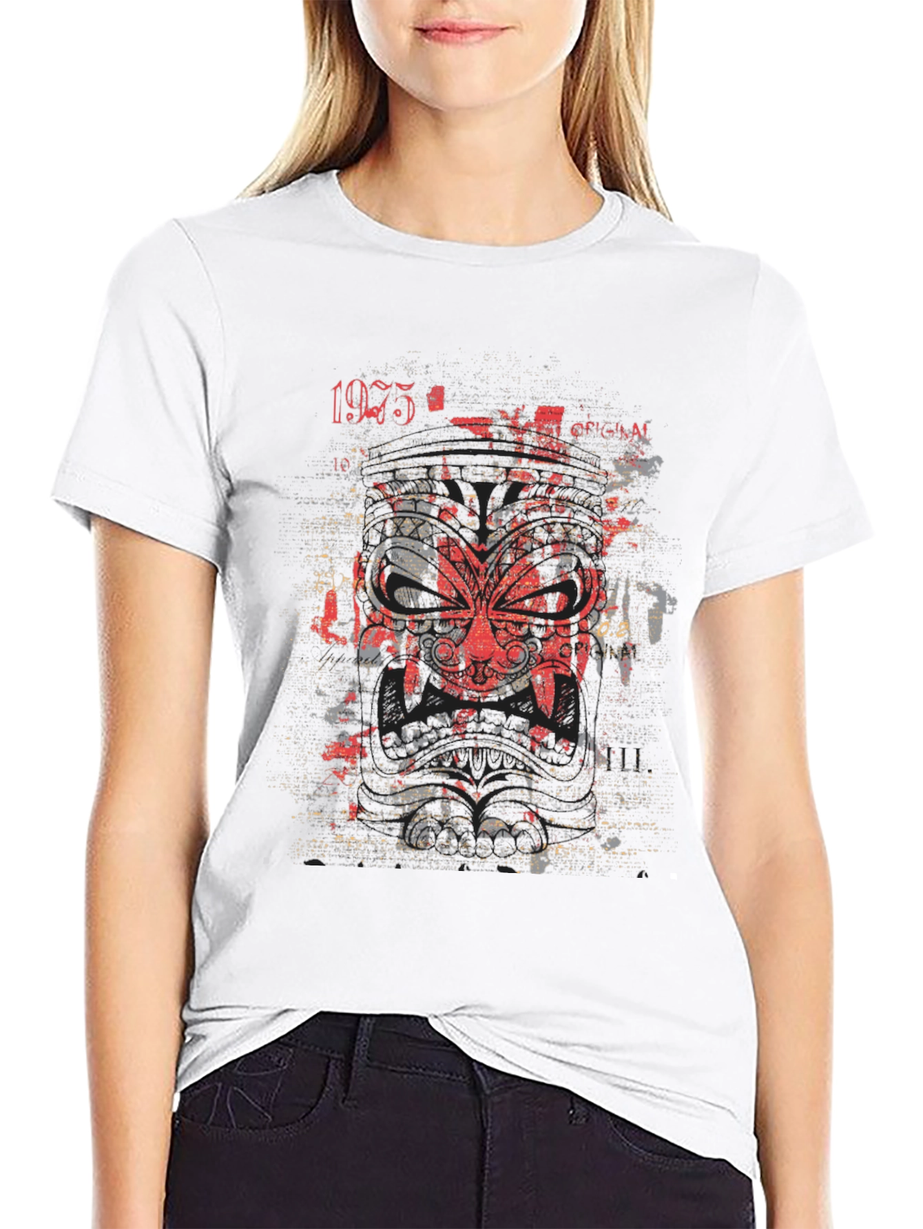 Graphic Tee: Red Tribal Mask Black Cotton Shirt