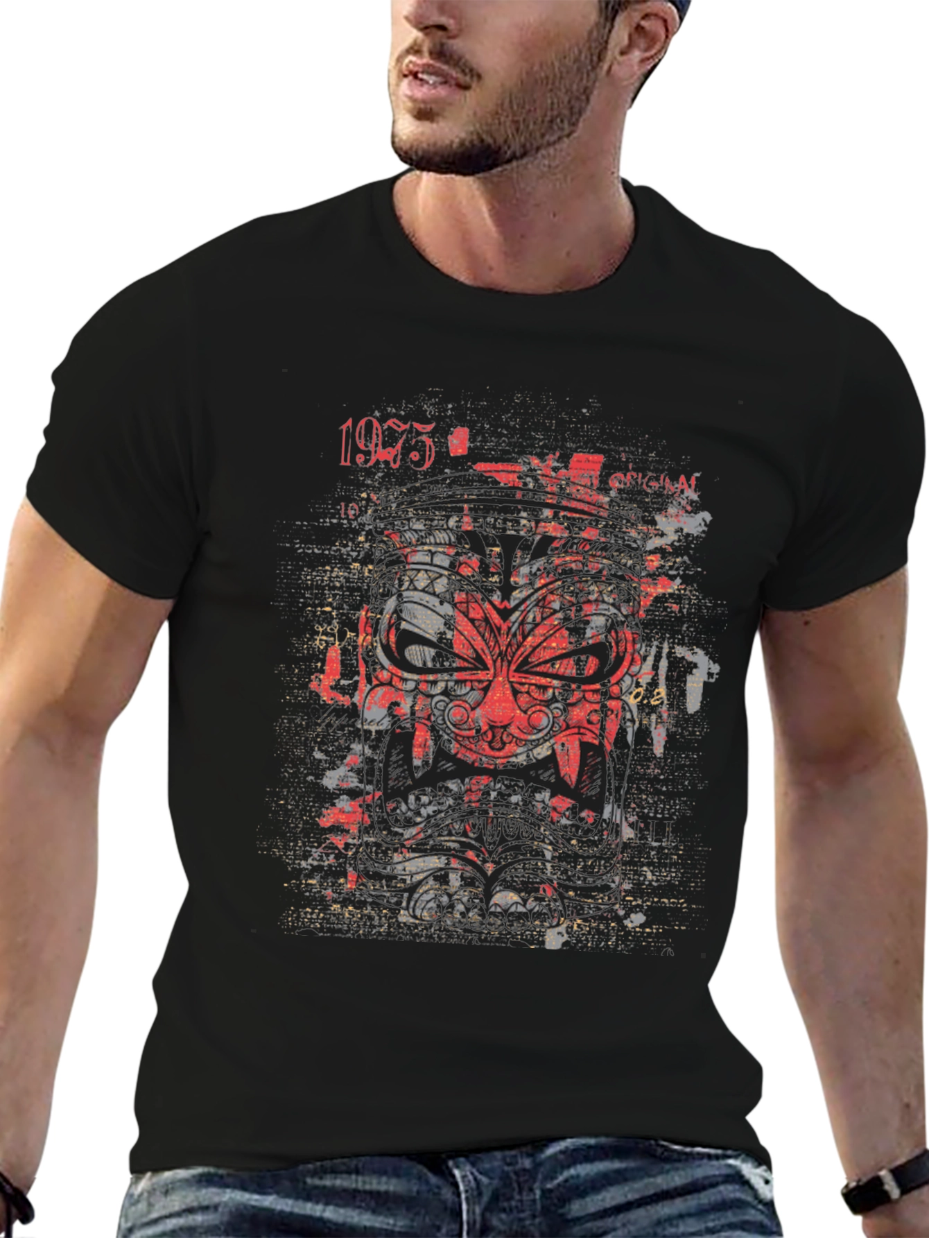 Graphic Tee: Red Tribal Mask Black Cotton Shirt