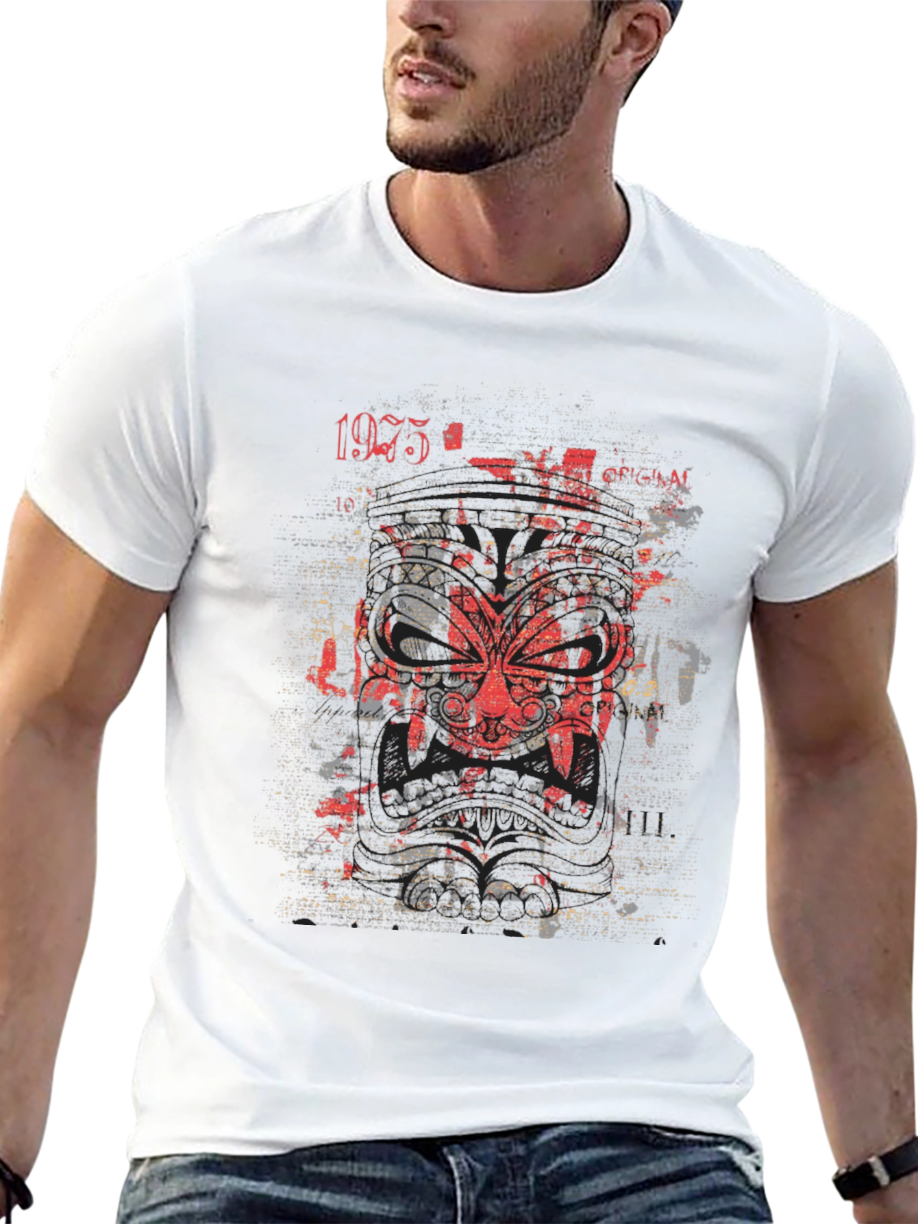 Graphic Tee: Red Tribal Mask Black Cotton Shirt