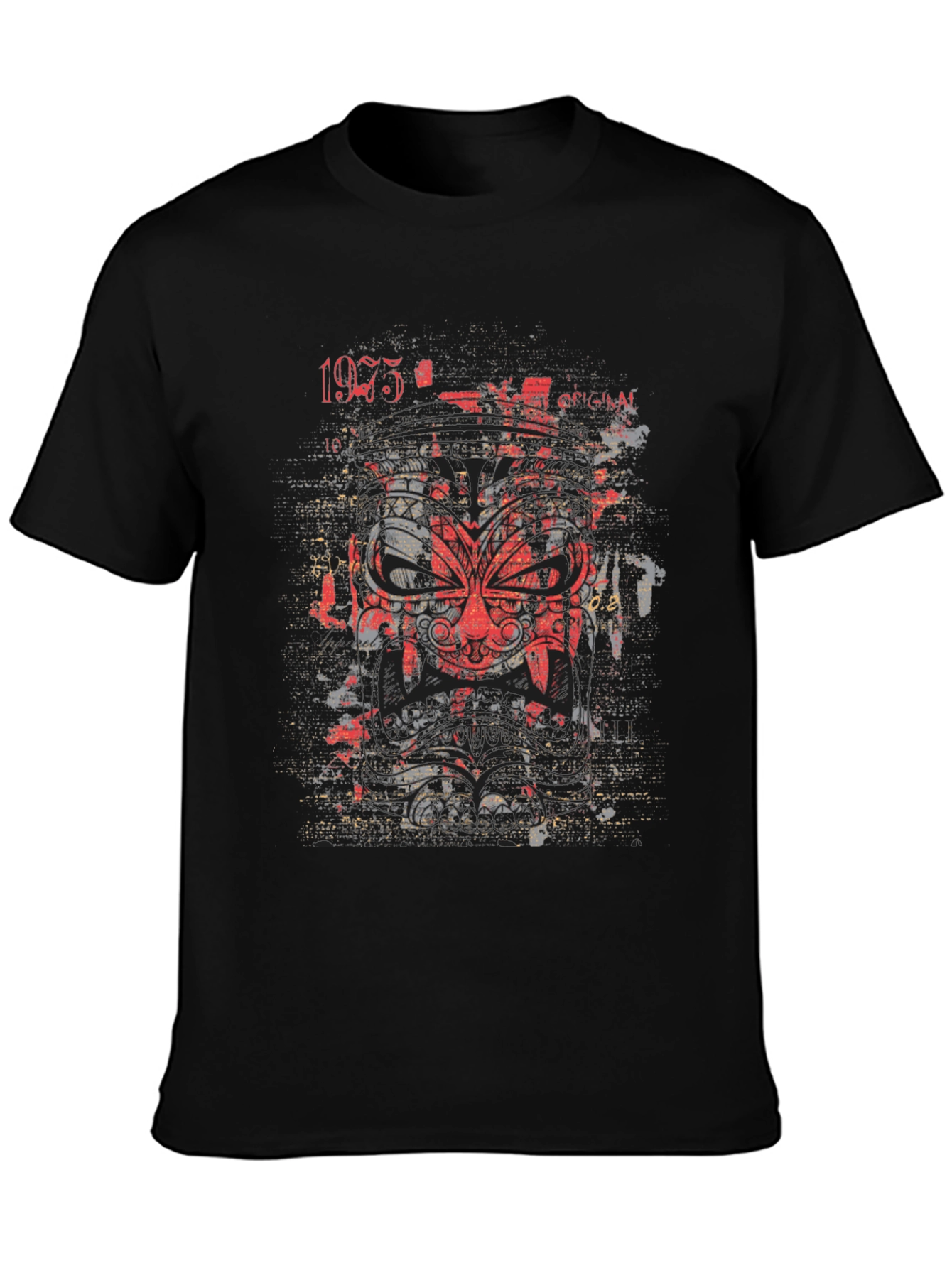 Graphic Tee: Red Tribal Mask Black Cotton Shirt