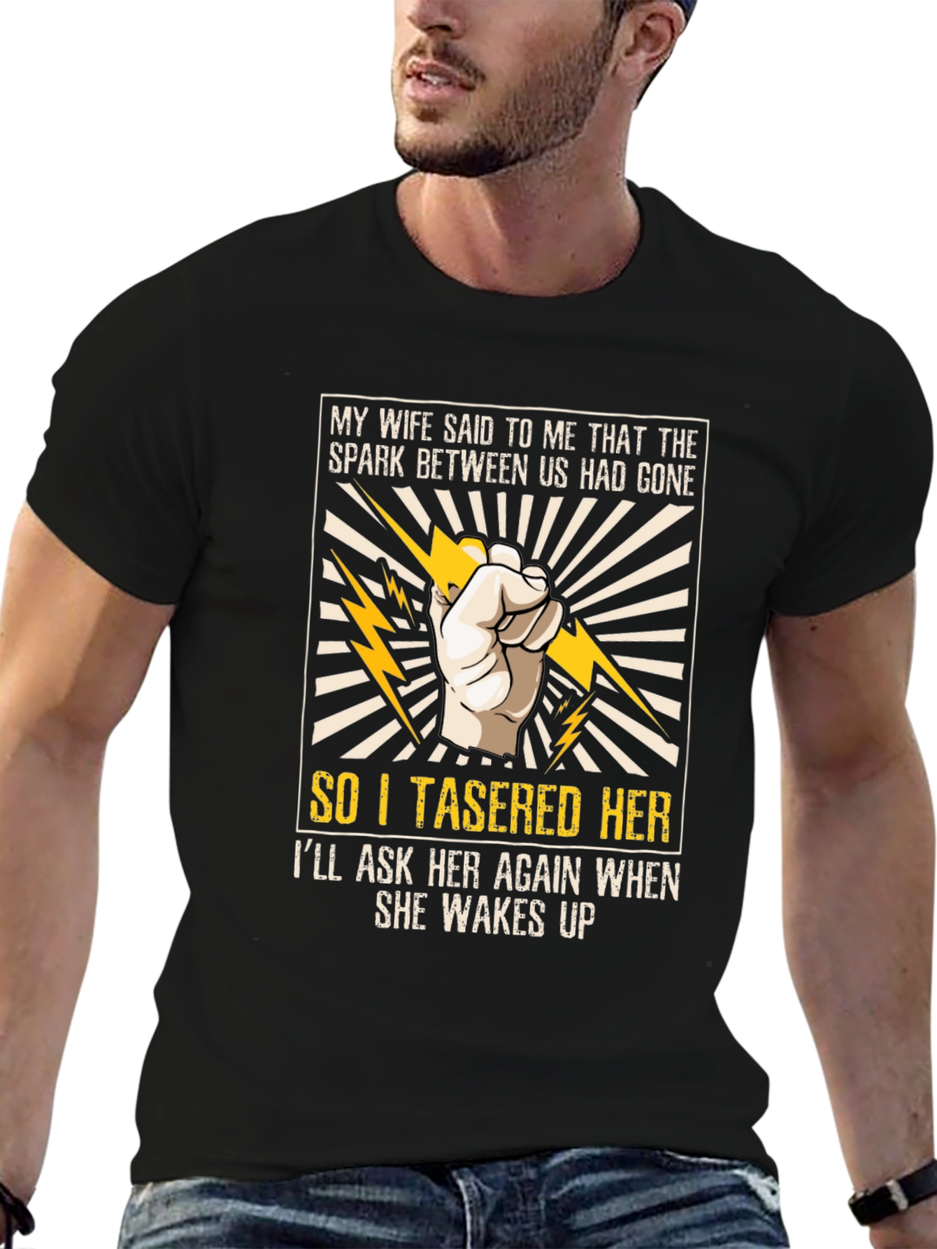 Funny Tasered Her Graphic Tee for Men